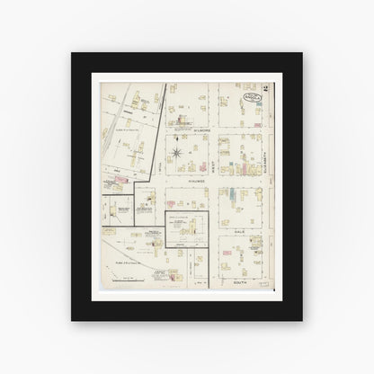 Old map wall art mockup — black gallery frame with white mat — Sanborn Fire Insurance Map from Angola, Steuben County, Indiana (1886), Sheet #0002