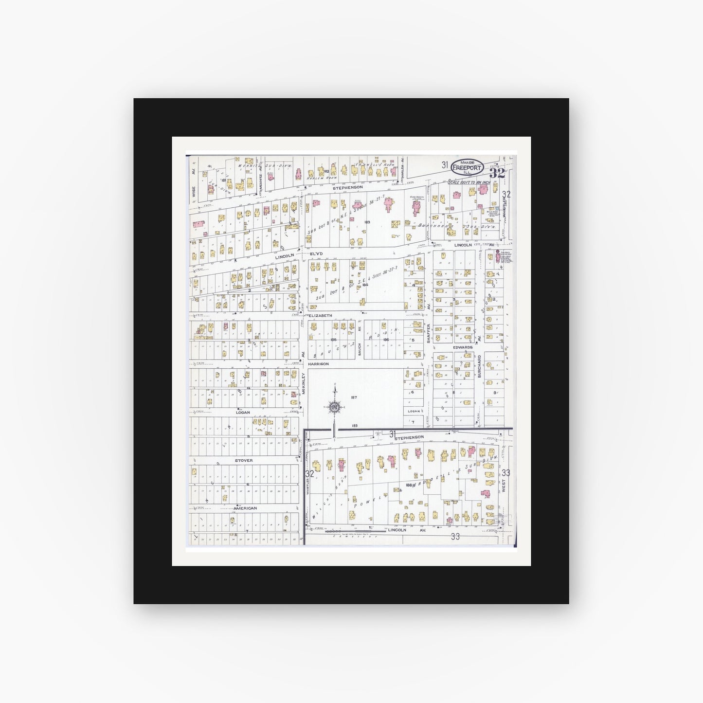Old map wall art mockup — black gallery frame with white mat — Sanborn Fire Insurance Map from Freeport, Stephenson County, Illinois (1918), Sheet #0032