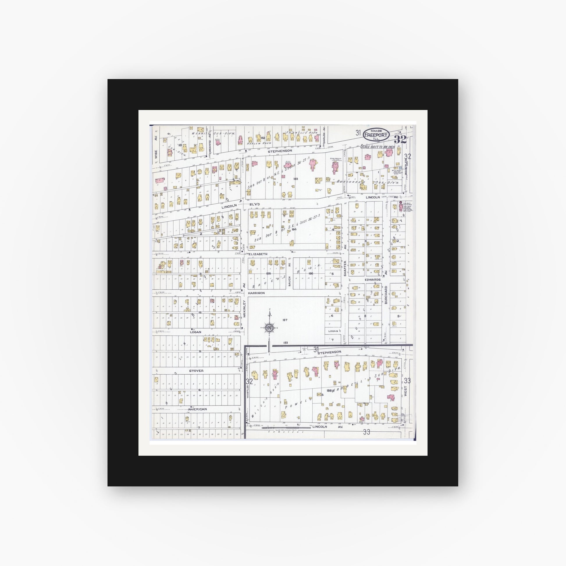 Old map wall art mockup — black gallery frame with white mat — Sanborn Fire Insurance Map from Freeport, Stephenson County, Illinois (1918), Sheet #0032