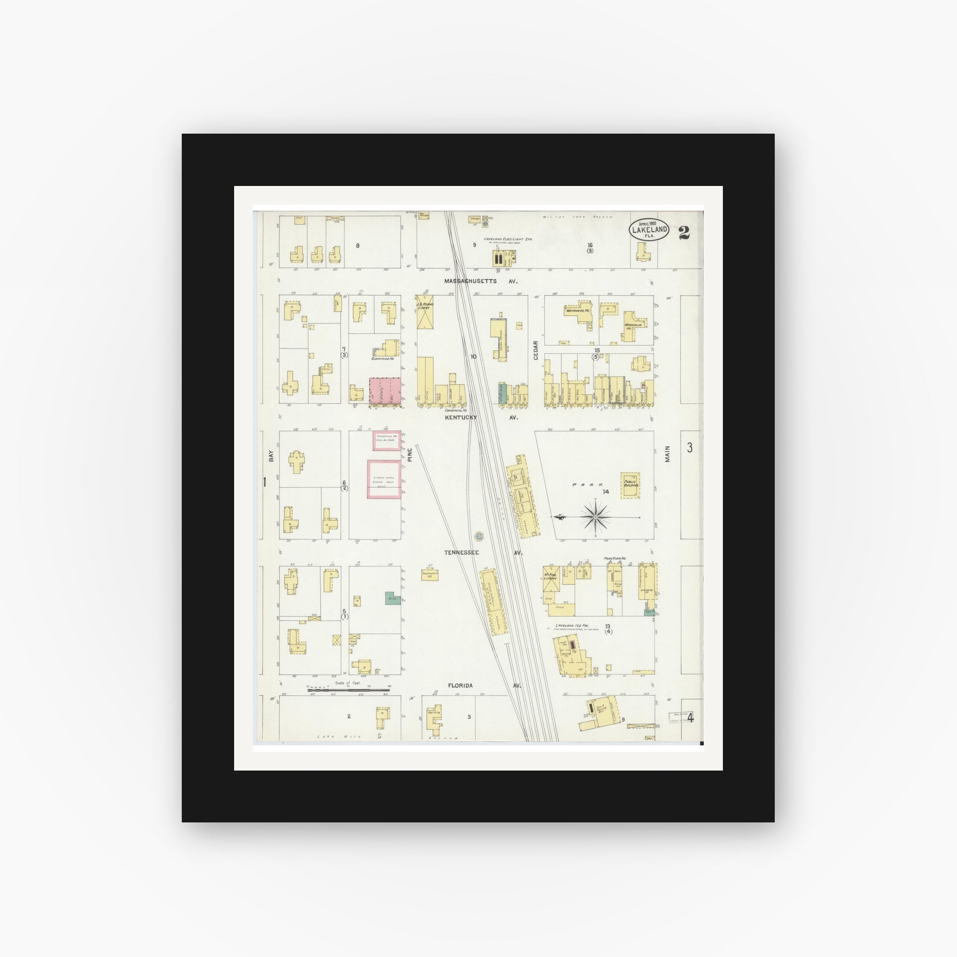 Old map wall art mockup — black gallery frame with white mat — Sanborn Fire Insurance Map from Lakeland, Polk County, Florida (1903), Sheet #0002