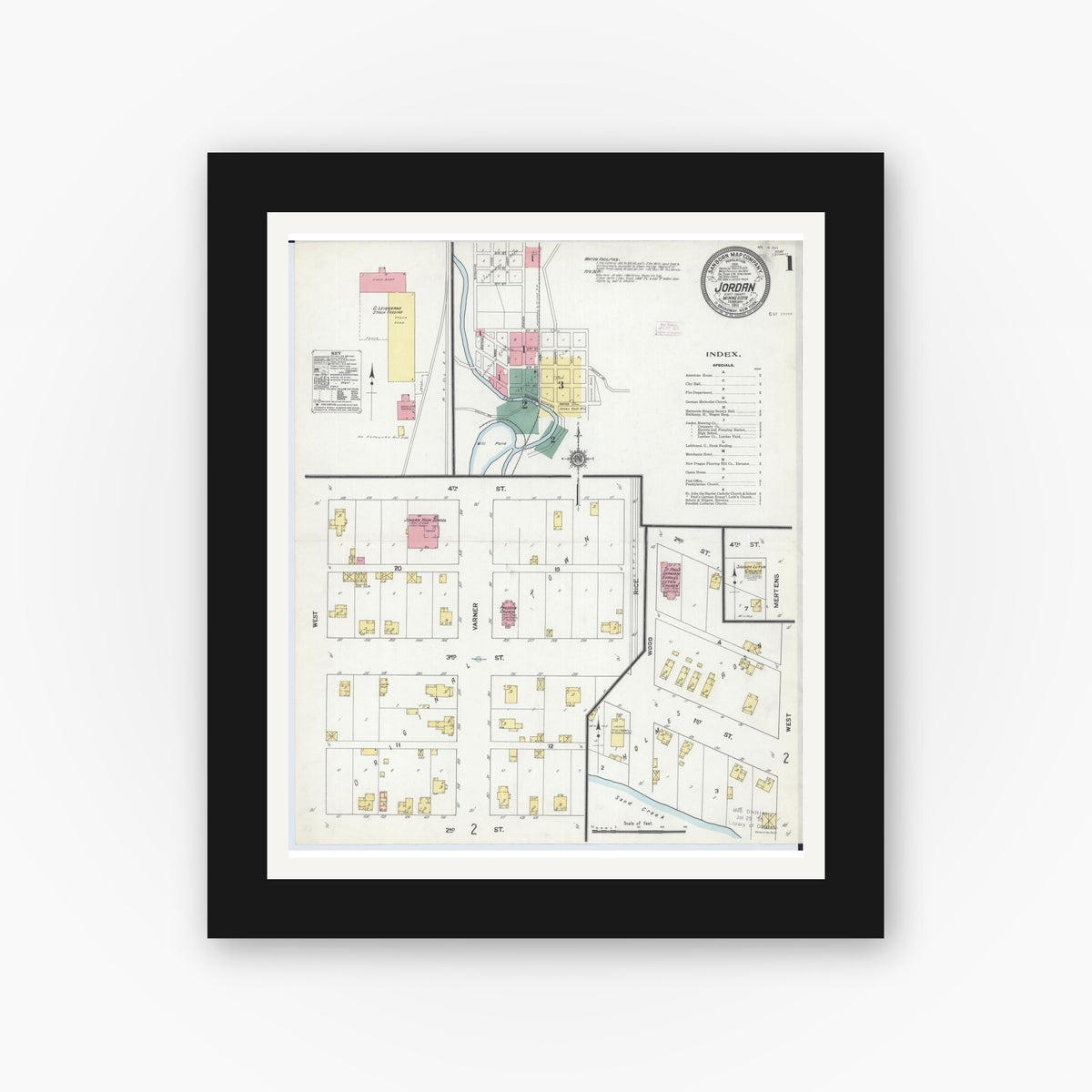 Old map wall art mockup — black gallery frame with white mat — Sanborn Fire Insurance Map from Jordan, Scott County, Minnesota (1911), Sheet #0001
