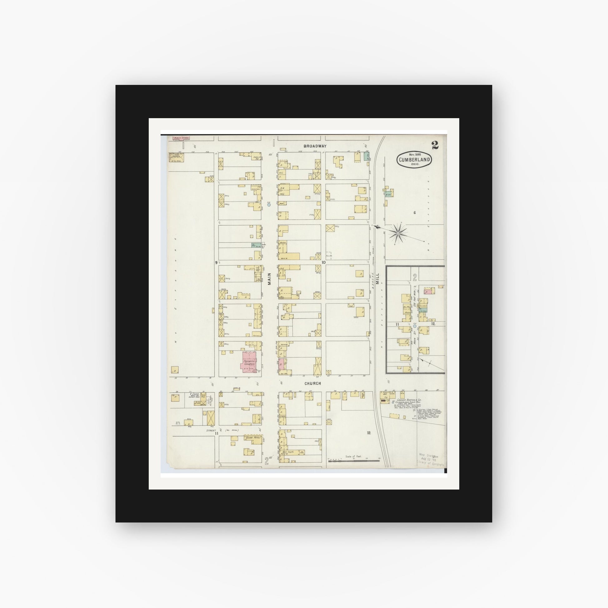 Old map wall art mockup — black gallery frame with white mat — Sanborn Fire Insurance Map from Cumberland, Guernsey County, Ohio (1895), Sheet #0002