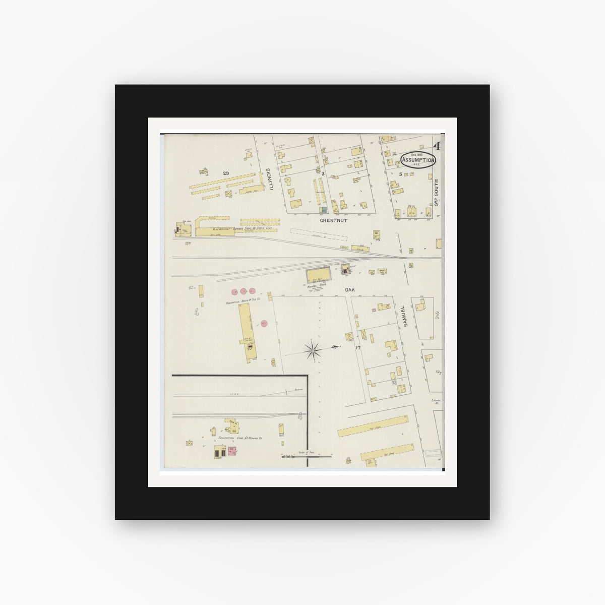 Old map wall art mockup — black gallery frame with white mat — Sanborn Fire Insurance Map from Assumption, Christian County, Illinois (1893), Sheet #0004