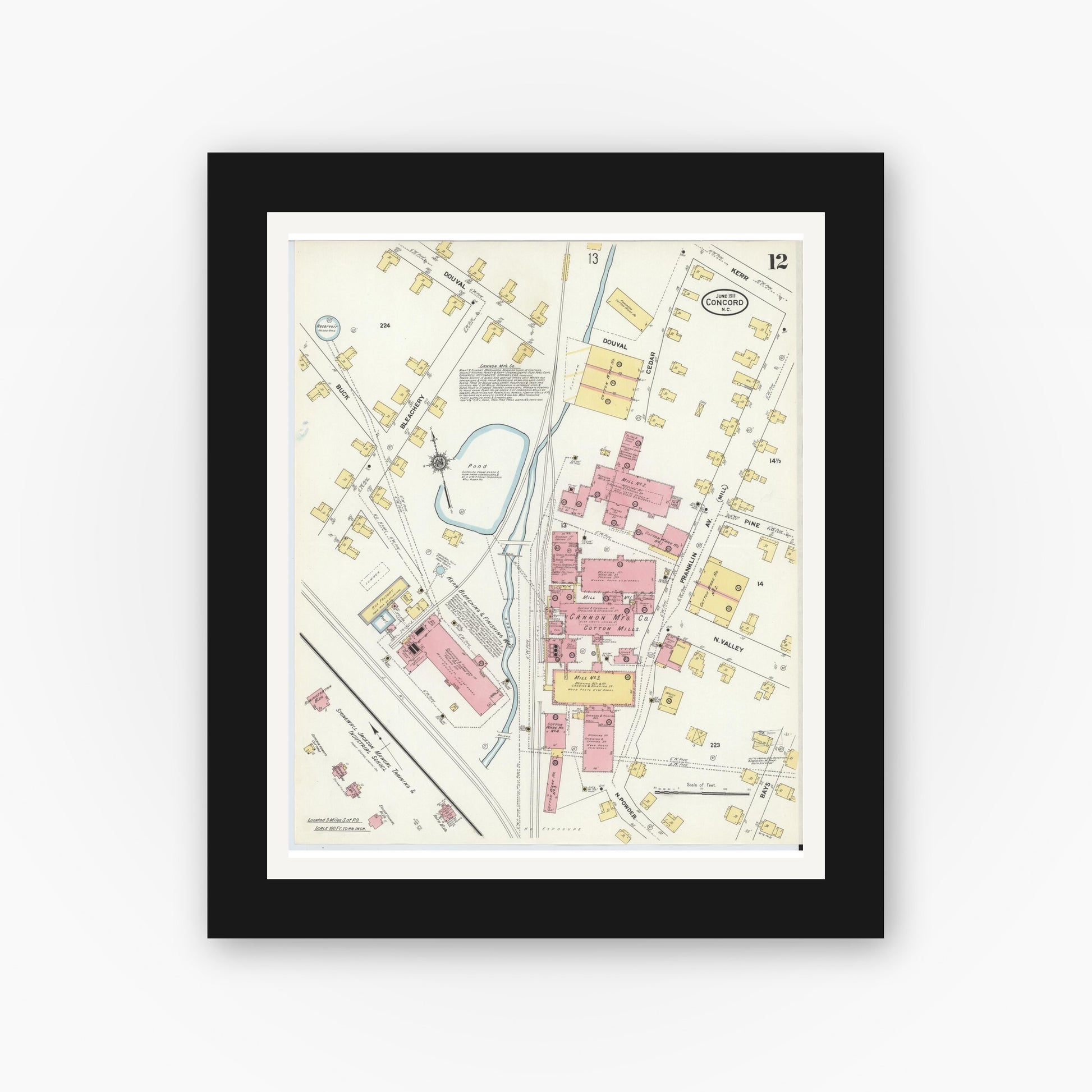 Old map wall art mockup — black gallery frame with white mat — Sanborn Fire Insurance Map from Concord, Cabarrus County, North Carolina (1911), Sheet #0012