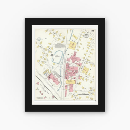 Old map wall art mockup — black gallery frame with white mat — Sanborn Fire Insurance Map from Concord, Cabarrus County, North Carolina (1911), Sheet #0012