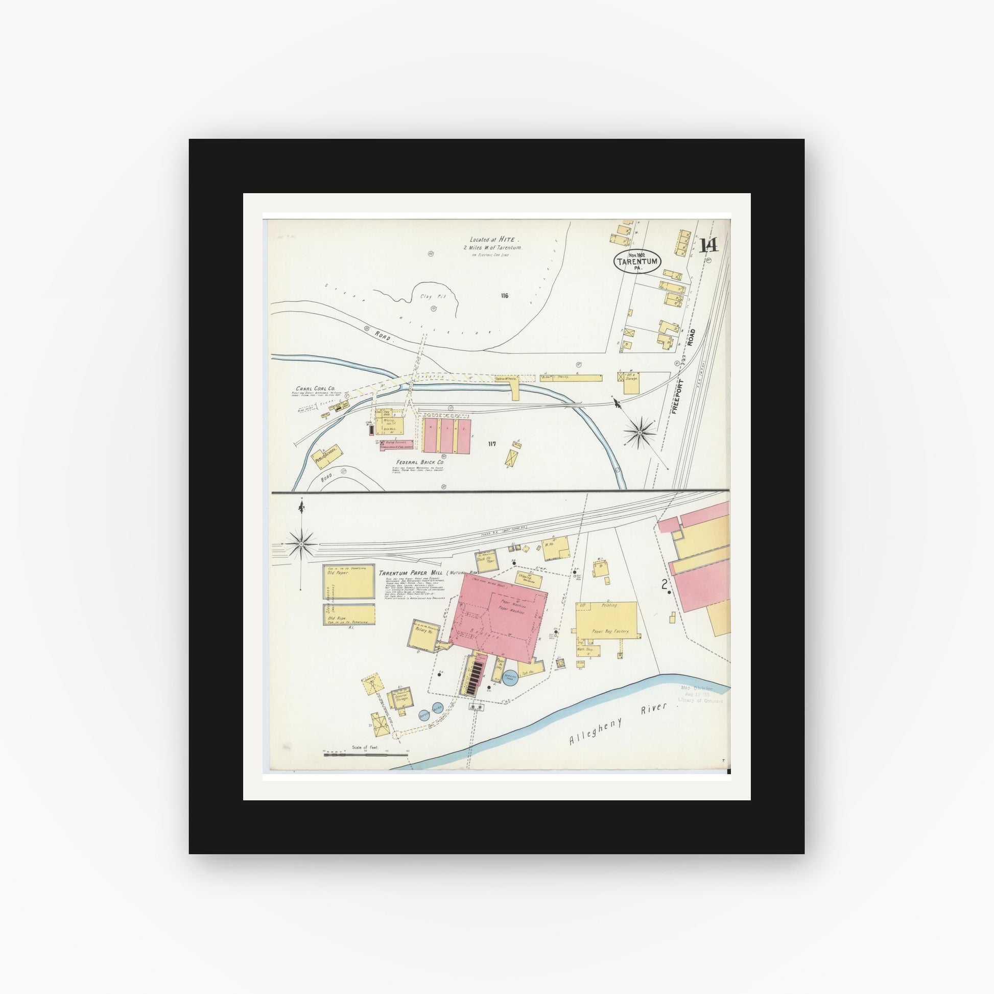 Old map wall art mockup — black gallery frame with white mat — Sanborn Fire Insurance Map from Tarentum, Allegheny County, Pennsylvania (1902), Sheet #0014