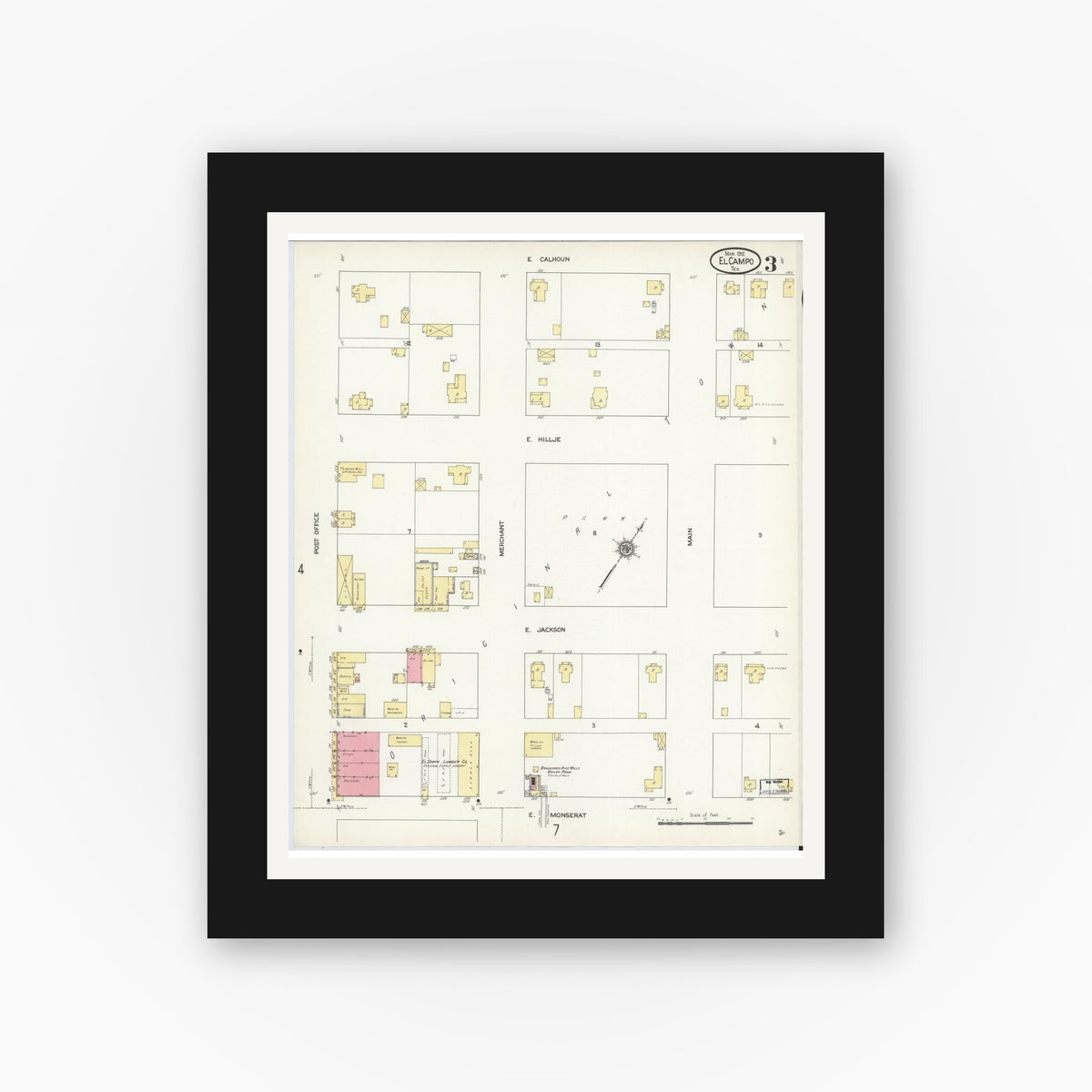 Old map wall art mockup — black gallery frame with white mat — Sanborn Fire Insurance Map from El Campo, Wharton County, Texas (1912), Sheet #0003