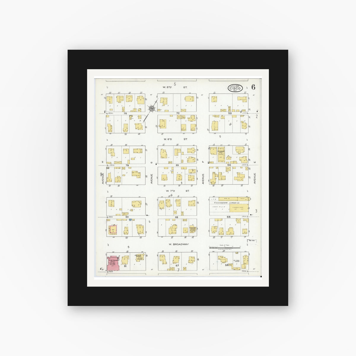 Old map wall art mockup — black gallery frame with white mat — Sanborn Fire Insurance Map from Cisco, Eastland County, Texas (1920), Sheet #0006