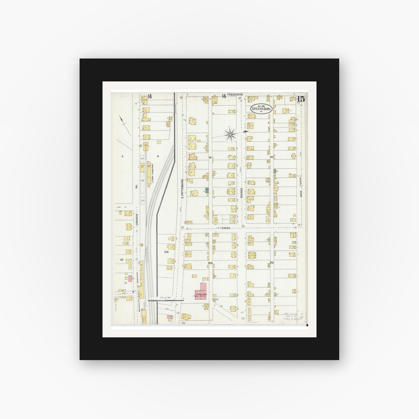 Old map wall art mockup — black gallery frame with white mat — Sanborn Fire Insurance Map from Greensburg, Westmoreland County, Pennsylvania (1903), Sheet #0015