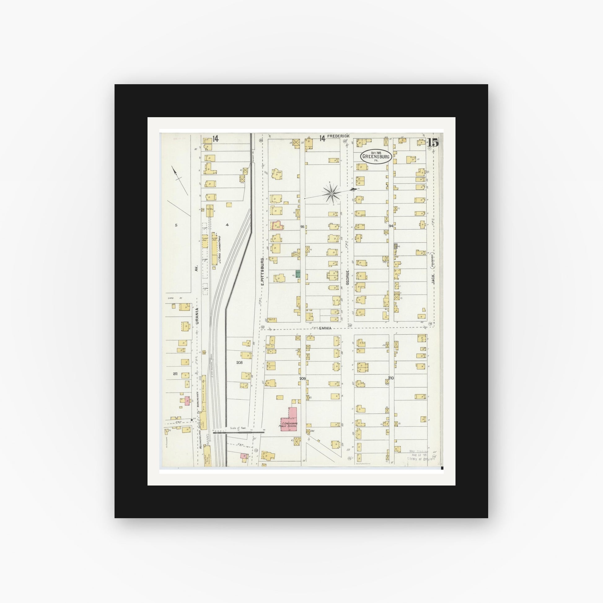 Old map wall art mockup — black gallery frame with white mat — Sanborn Fire Insurance Map from Greensburg, Westmoreland County, Pennsylvania (1903), Sheet #0015