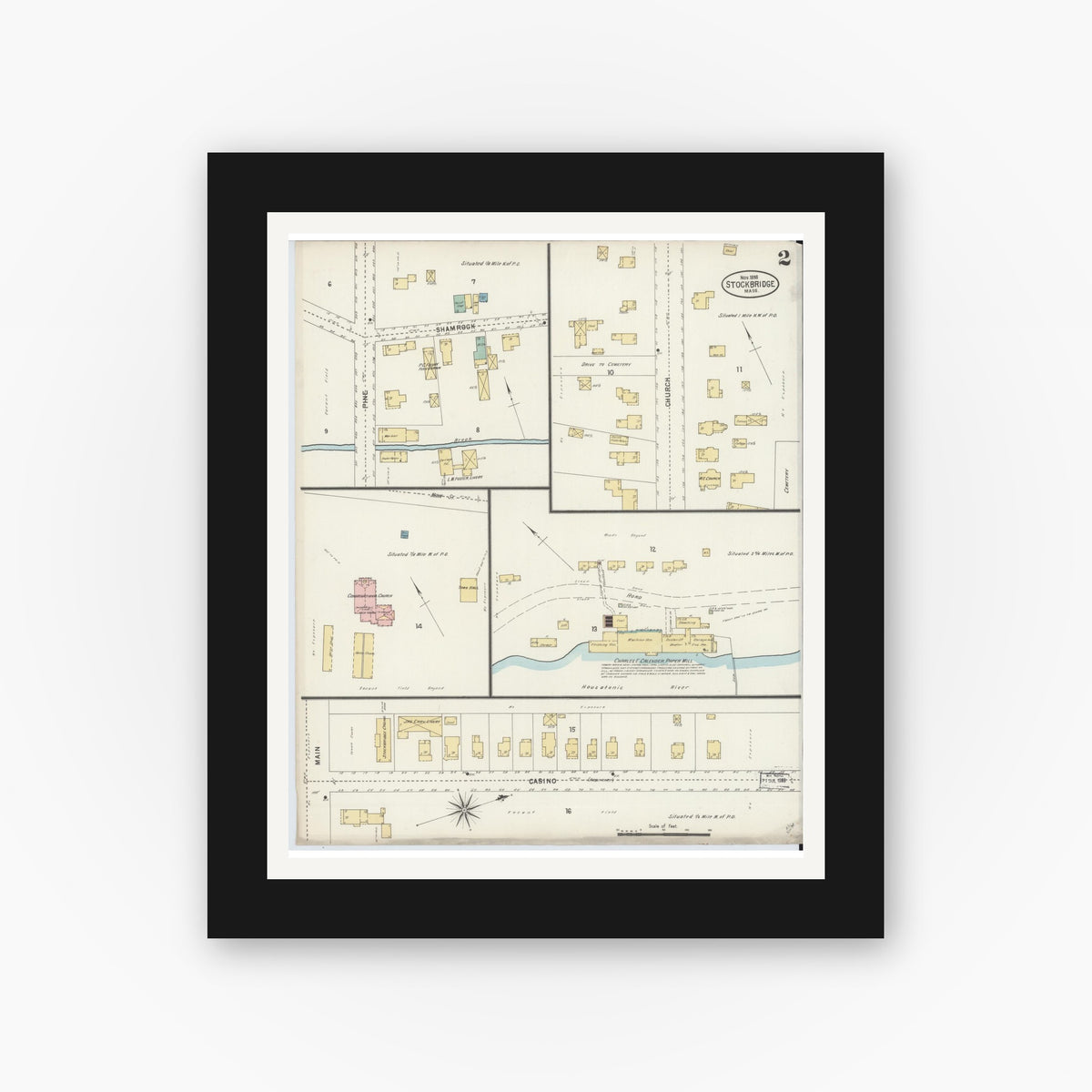 Old map wall art mockup — black gallery frame with white mat — Sanborn Fire Insurance Map from Stockbridge, Berkshire County, Massachusetts (1898), Sheet #0002