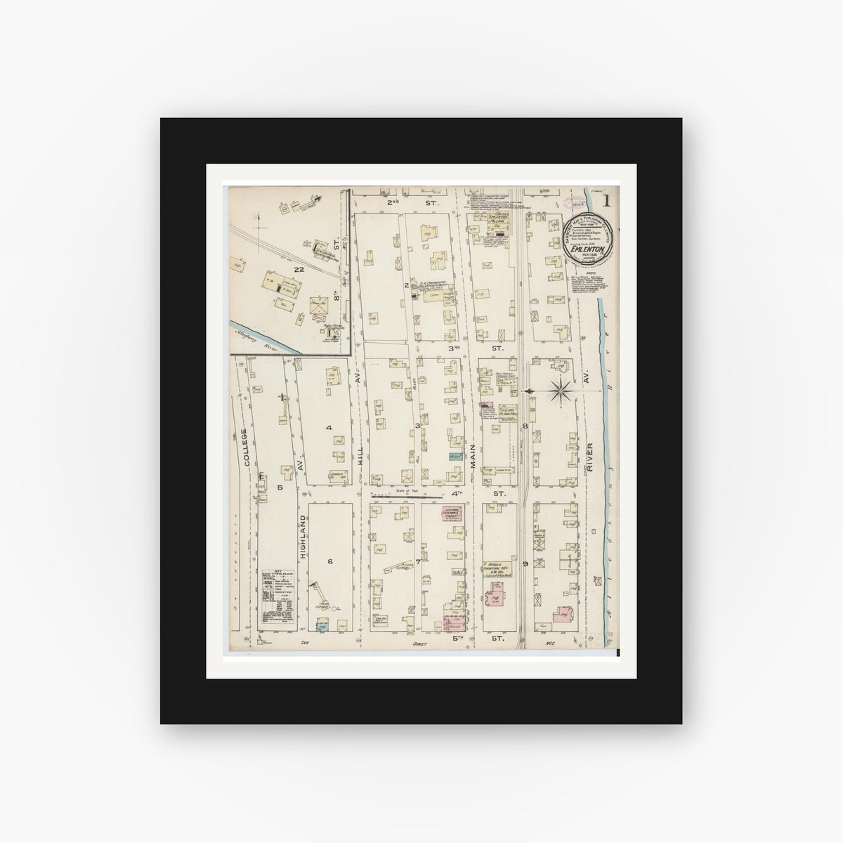 Old map wall art mockup — black gallery frame with white mat — Sanborn Fire Insurance Map from Emlenton, Venango County, Pennsylvania (1886), Sheet #0001