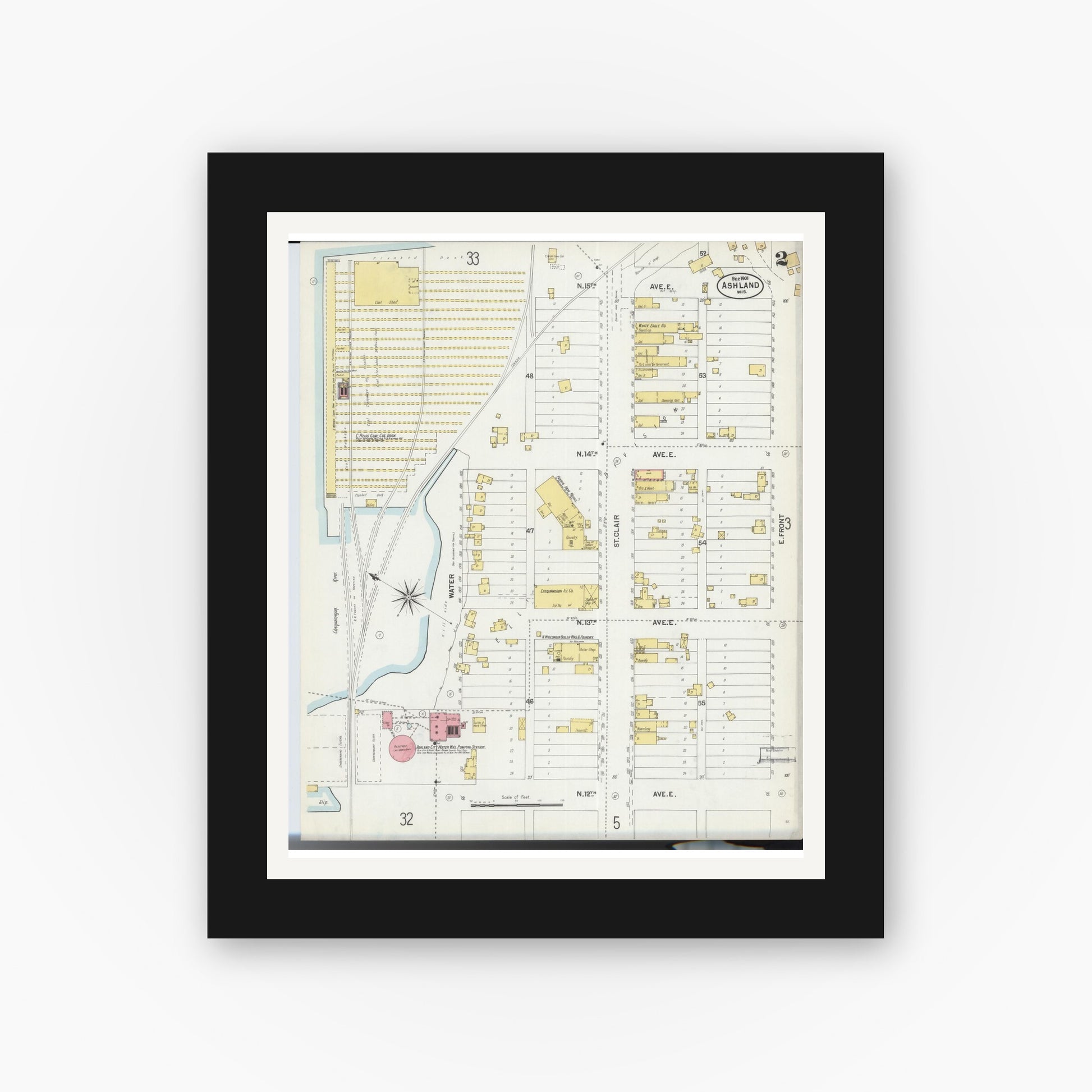 Old map wall art mockup — black gallery frame with white mat — Sanborn Fire Insurance Map from Ashland, Ashland County, Wisconsin (1901), Sheet #0002