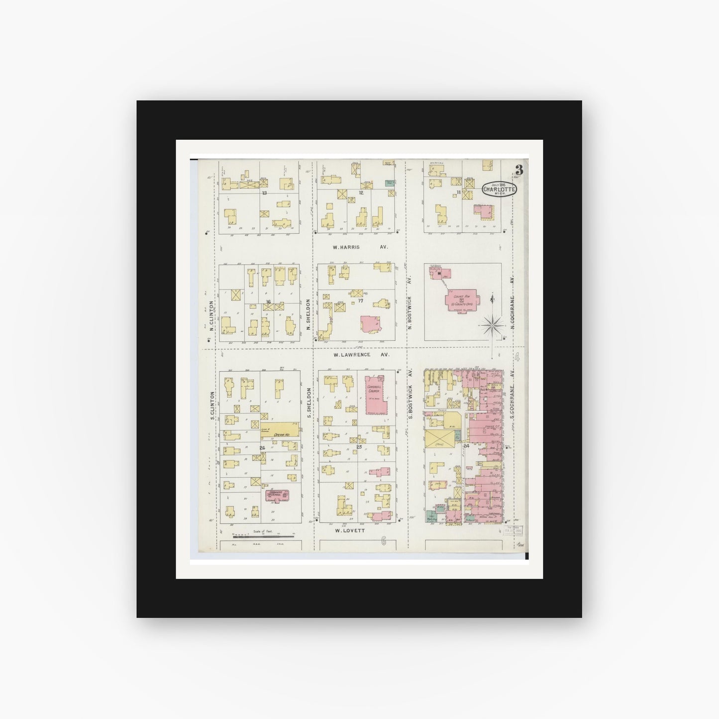 Old map wall art mockup — black gallery frame with white mat — Sanborn Fire Insurance Map from Charlotte, Eaton County, Michigan (1895), Sheet #0003