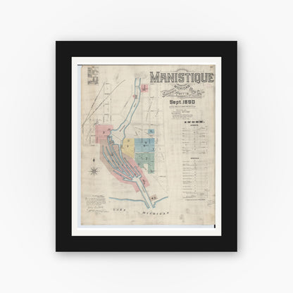 Old map wall art mockup — black gallery frame with white mat — Sanborn Fire Insurance Map from Manistique, Schoolcraft County, Michigan (1890) - Complete Map Set