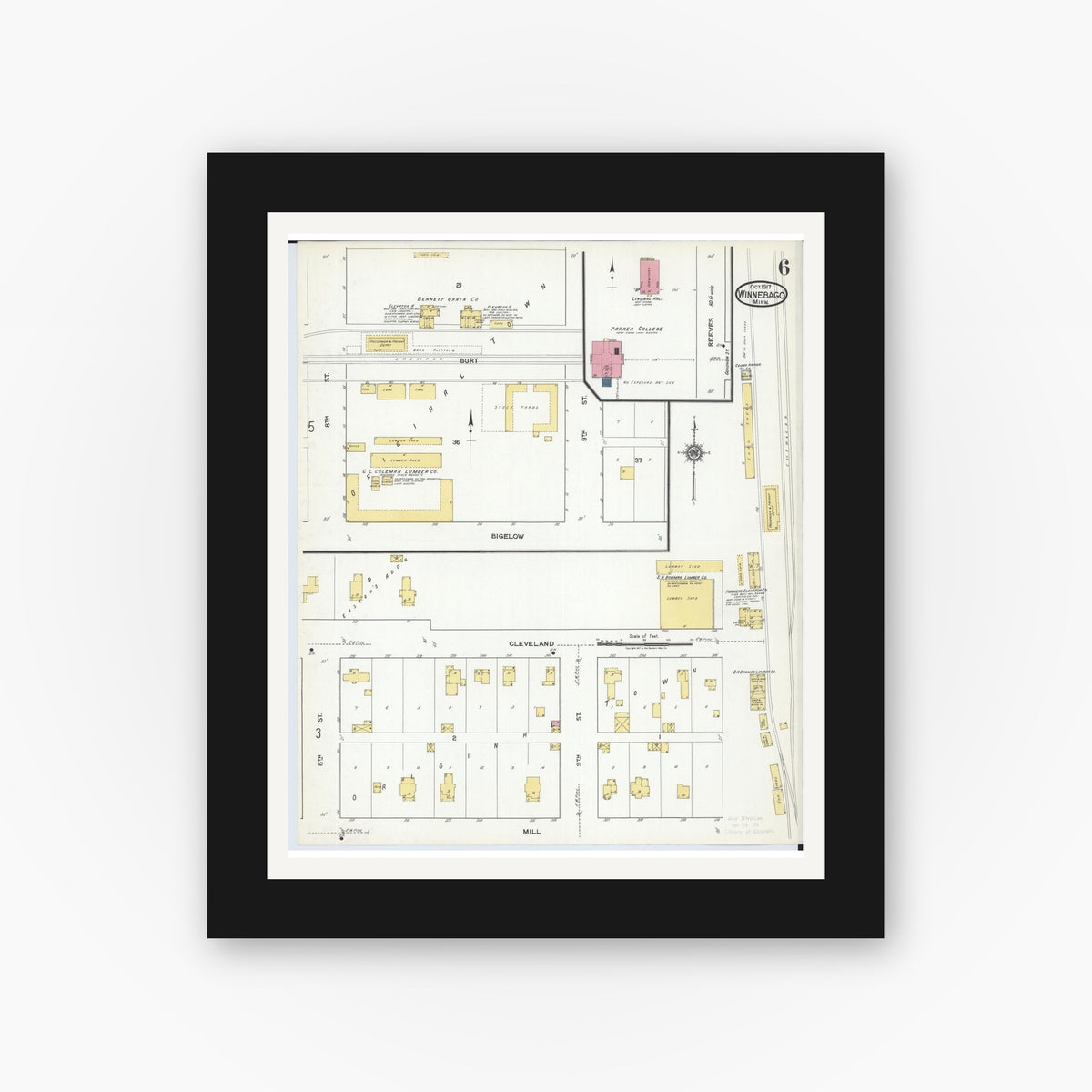 Old map wall art mockup — black gallery frame with white mat — Sanborn Fire Insurance Map from Winnebago, Faribault County, Minnesota (1917), Sheet #0006