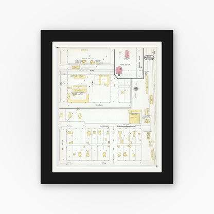 Old map wall art mockup — black gallery frame with white mat — Sanborn Fire Insurance Map from Winnebago, Faribault County, Minnesota (1917), Sheet #0006