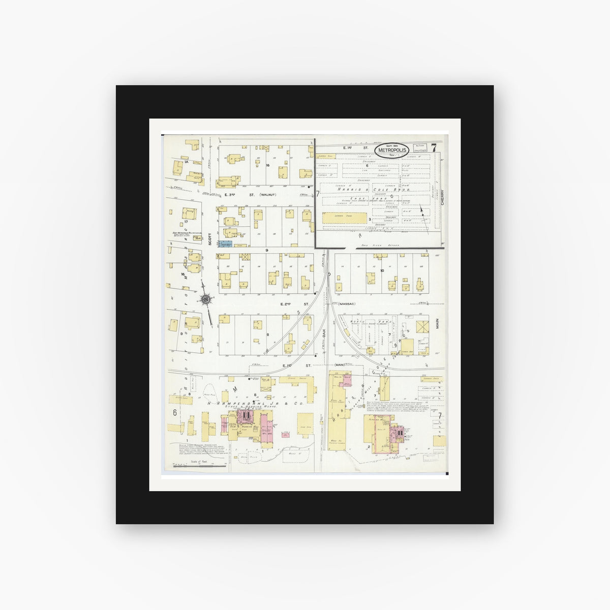 Old map wall art mockup — black gallery frame with white mat — Sanborn Fire Insurance Map from Metropolis, Massac County, Illinois (1910), Sheet #0007