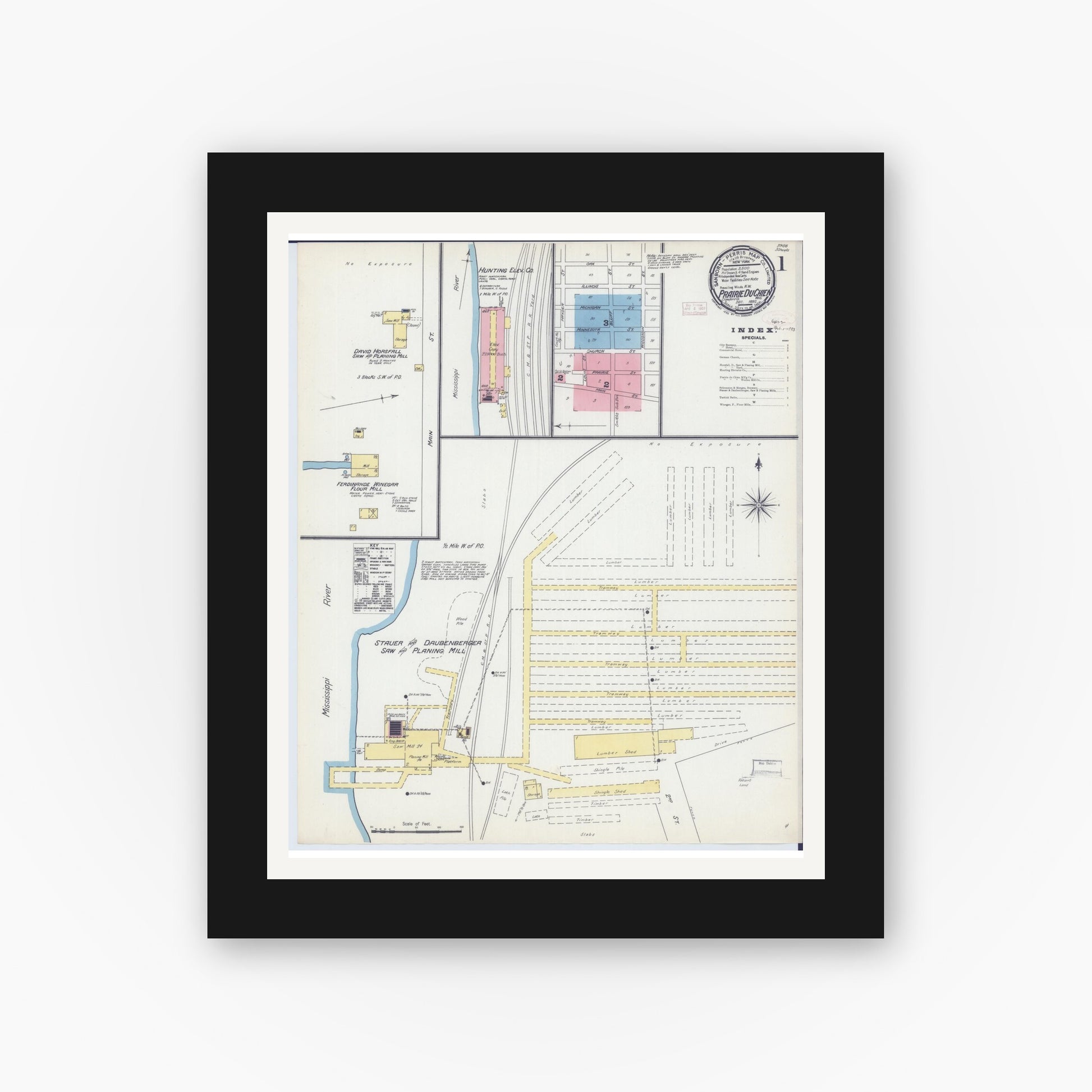 Old map wall art mockup — black gallery frame with white mat — Sanborn Fire Insurance Map from Prairie du Chien, Crawford County, Wisconsin (1892) - Complete Map Set