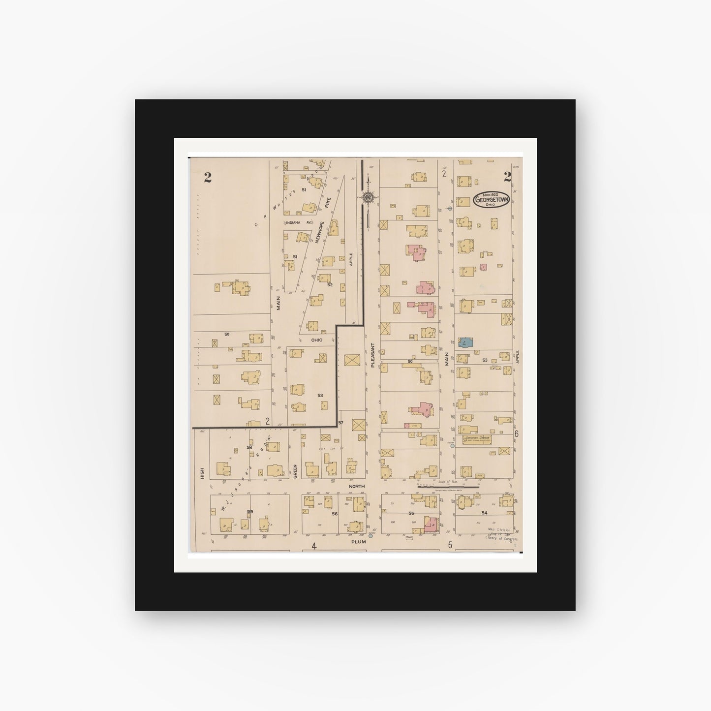 Old map wall art mockup — black gallery frame with white mat — Sanborn Fire Insurance Map from Georgetown, Brown County, Ohio (1922), Sheet #0002