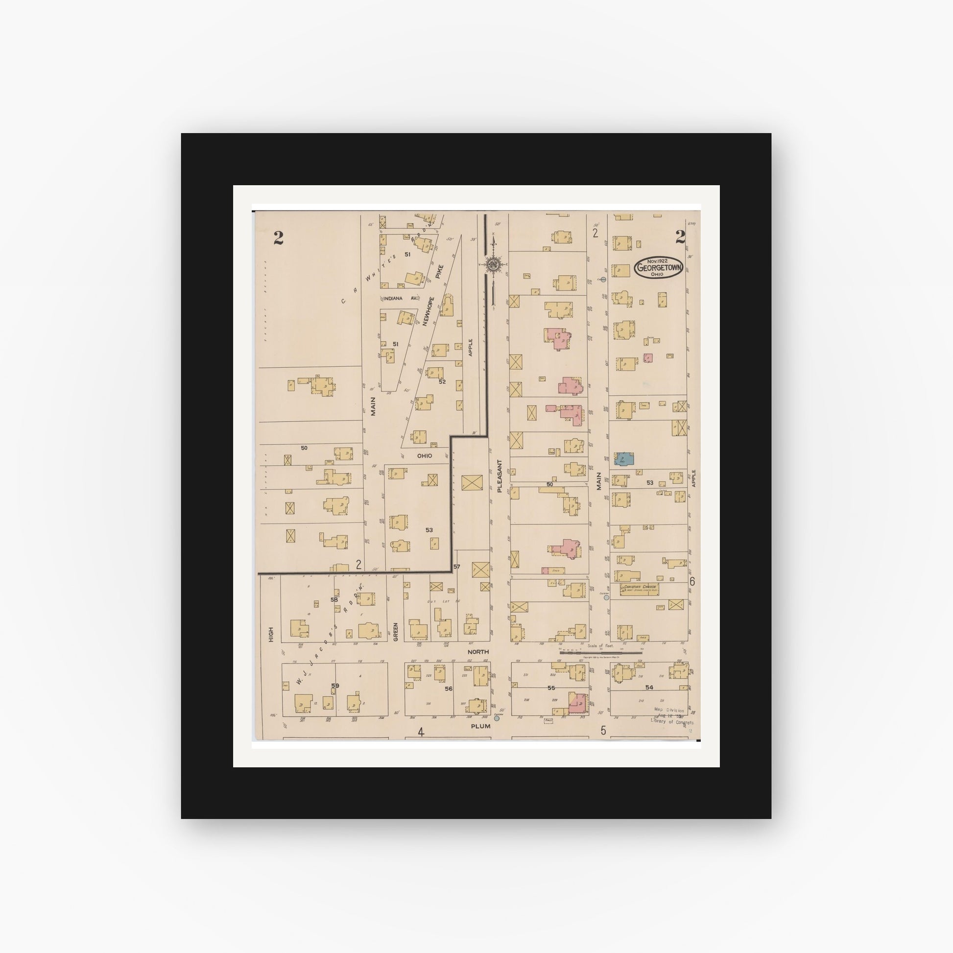 Old map wall art mockup — black gallery frame with white mat — Sanborn Fire Insurance Map from Georgetown, Brown County, Ohio (1922), Sheet #0002