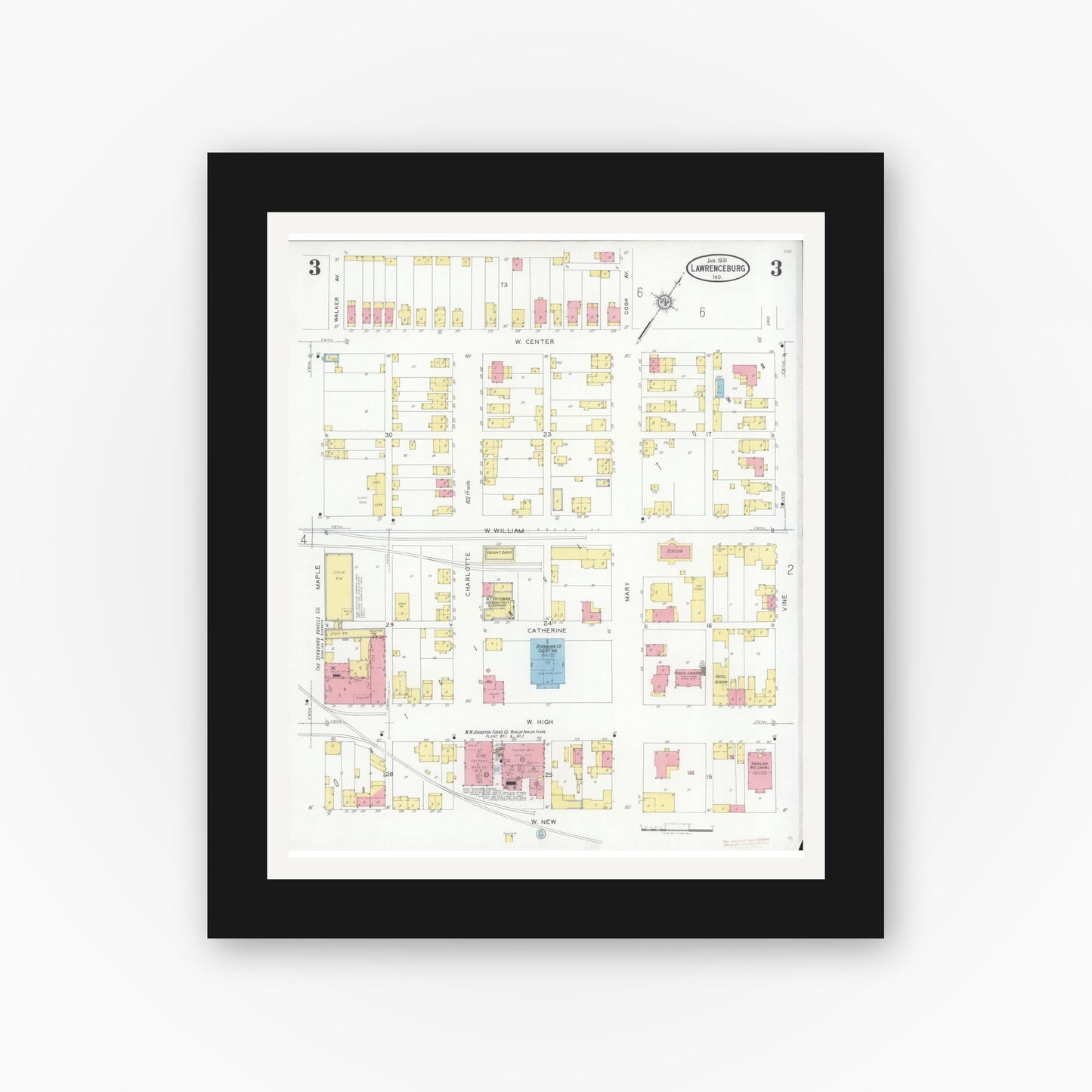 Old map wall art mockup — black gallery frame with white mat — Sanborn Fire Insurance Map from Lawrenceburg, Dearborn County, Indiana (1931), Sheet #0003