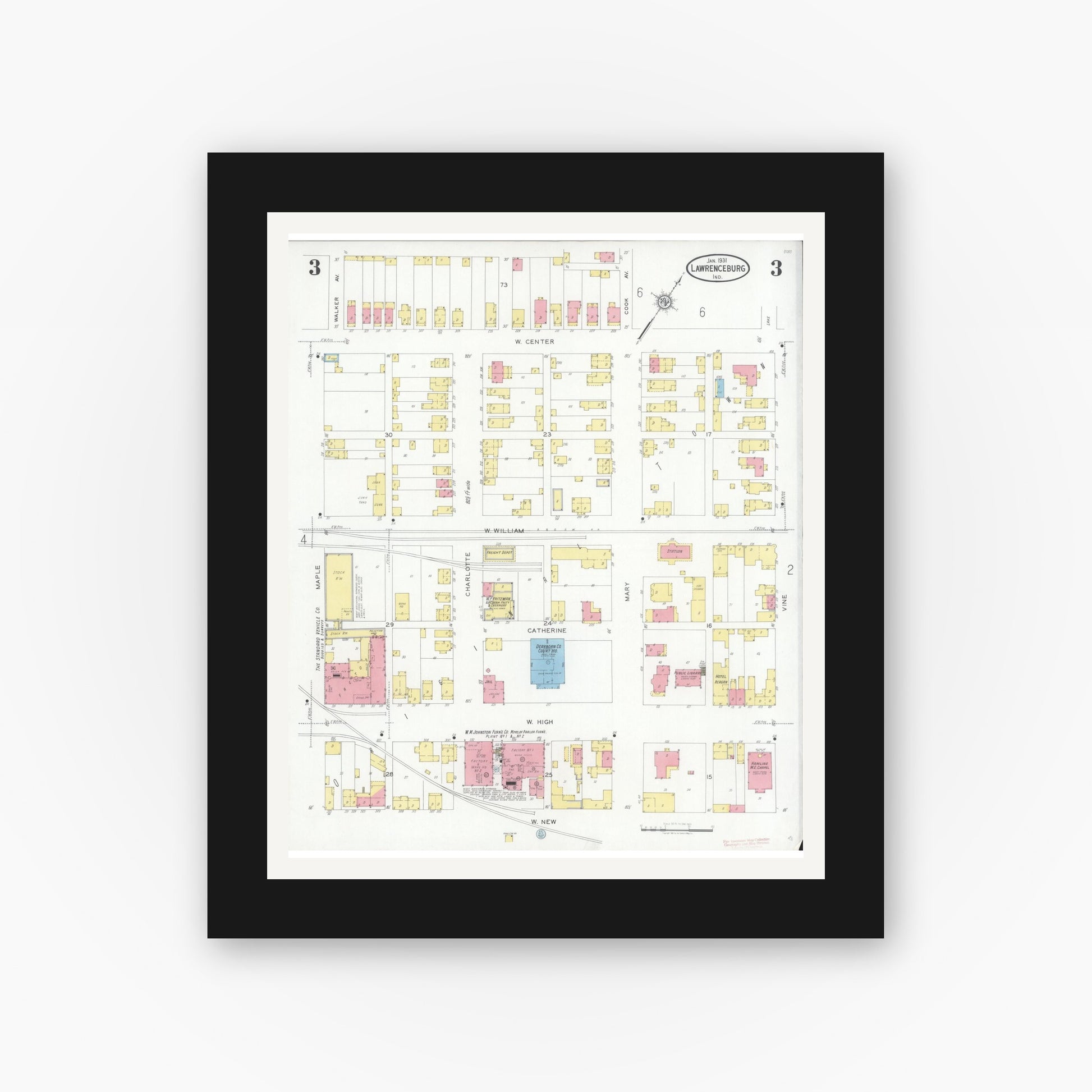 Old map wall art mockup — black gallery frame with white mat — Sanborn Fire Insurance Map from Lawrenceburg, Dearborn County, Indiana (1931), Sheet #0003