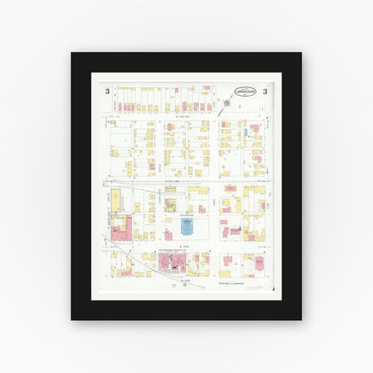 Old map wall art mockup — black gallery frame with white mat — Sanborn Fire Insurance Map from Lawrenceburg, Dearborn County, Indiana (1931), Sheet #0003