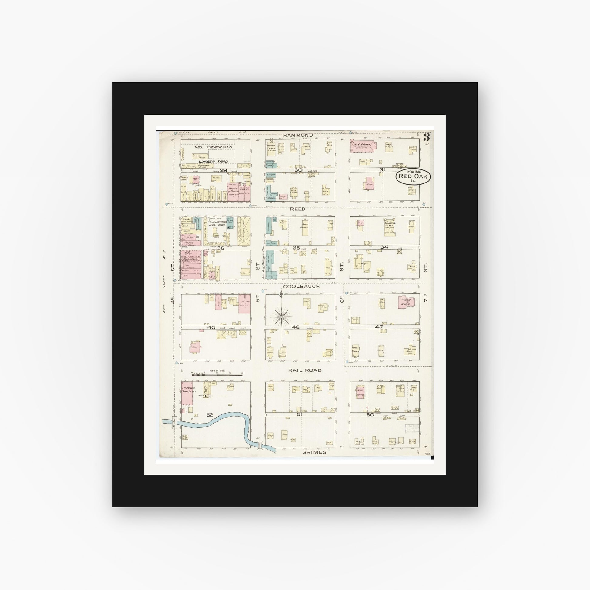 Old map wall art mockup — black gallery frame with white mat — Sanborn Fire Insurance Map from Red Oak, Montgomery County, Iowa (1886), Sheet #0003