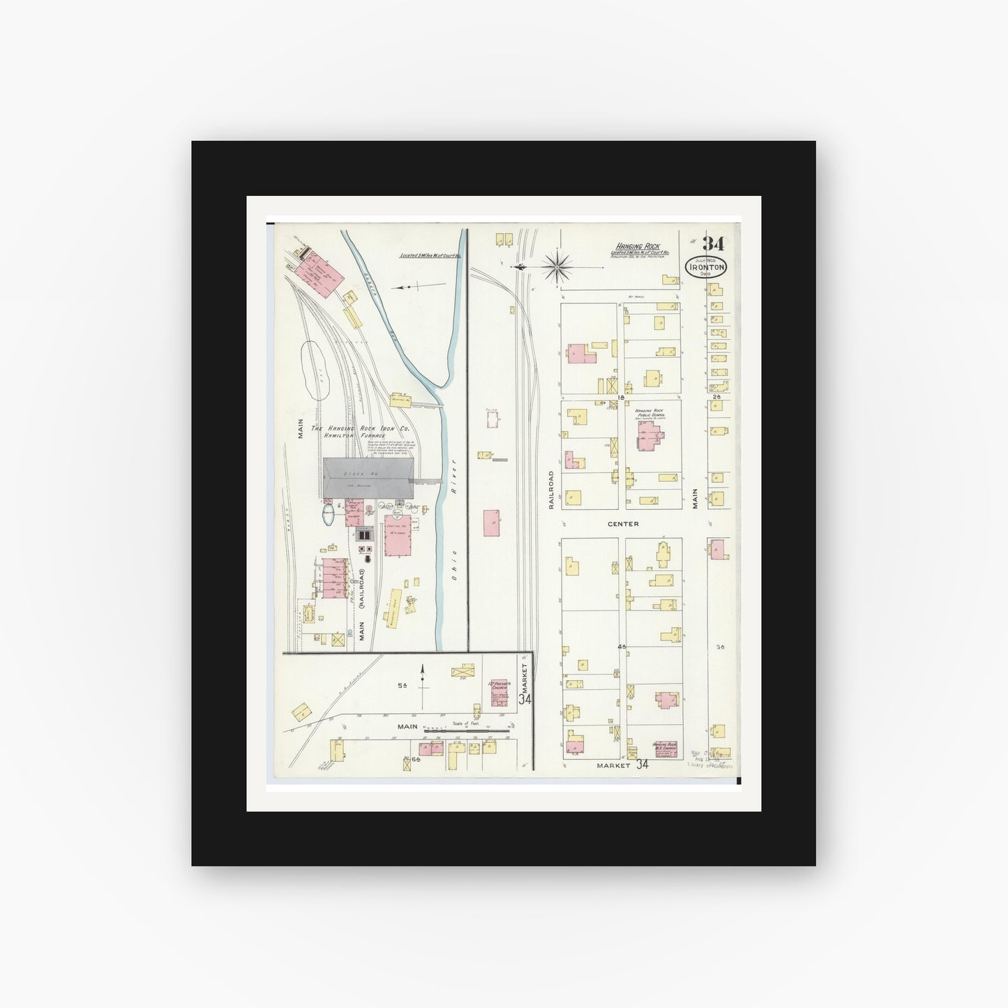 Old map wall art mockup — black gallery frame with white mat — Sanborn Fire Insurance Map from Ironton, Lawrence County, Ohio (1909), Sheet #0034