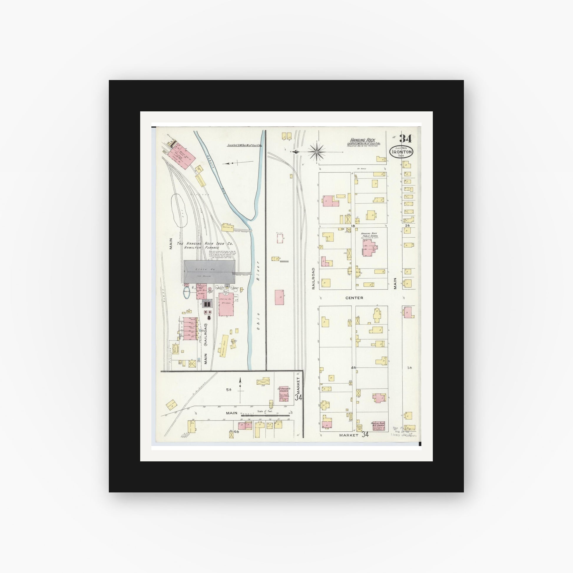 Old map wall art mockup — black gallery frame with white mat — Sanborn Fire Insurance Map from Ironton, Lawrence County, Ohio (1909), Sheet #0034