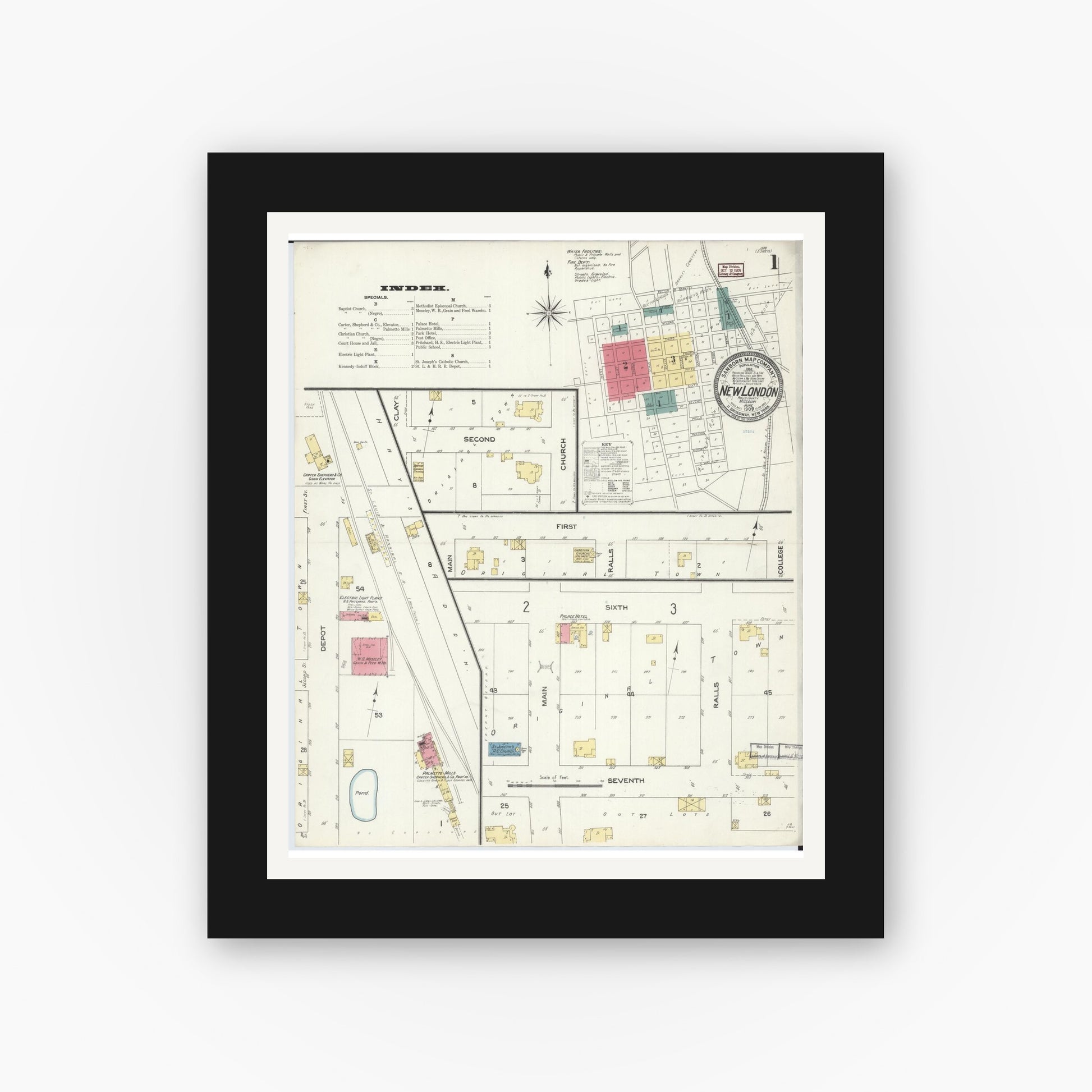 Old map wall art mockup — black gallery frame with white mat — Sanborn Fire Insurance Map from New London, Ralls County, Missouri (1909), Sheet #0001