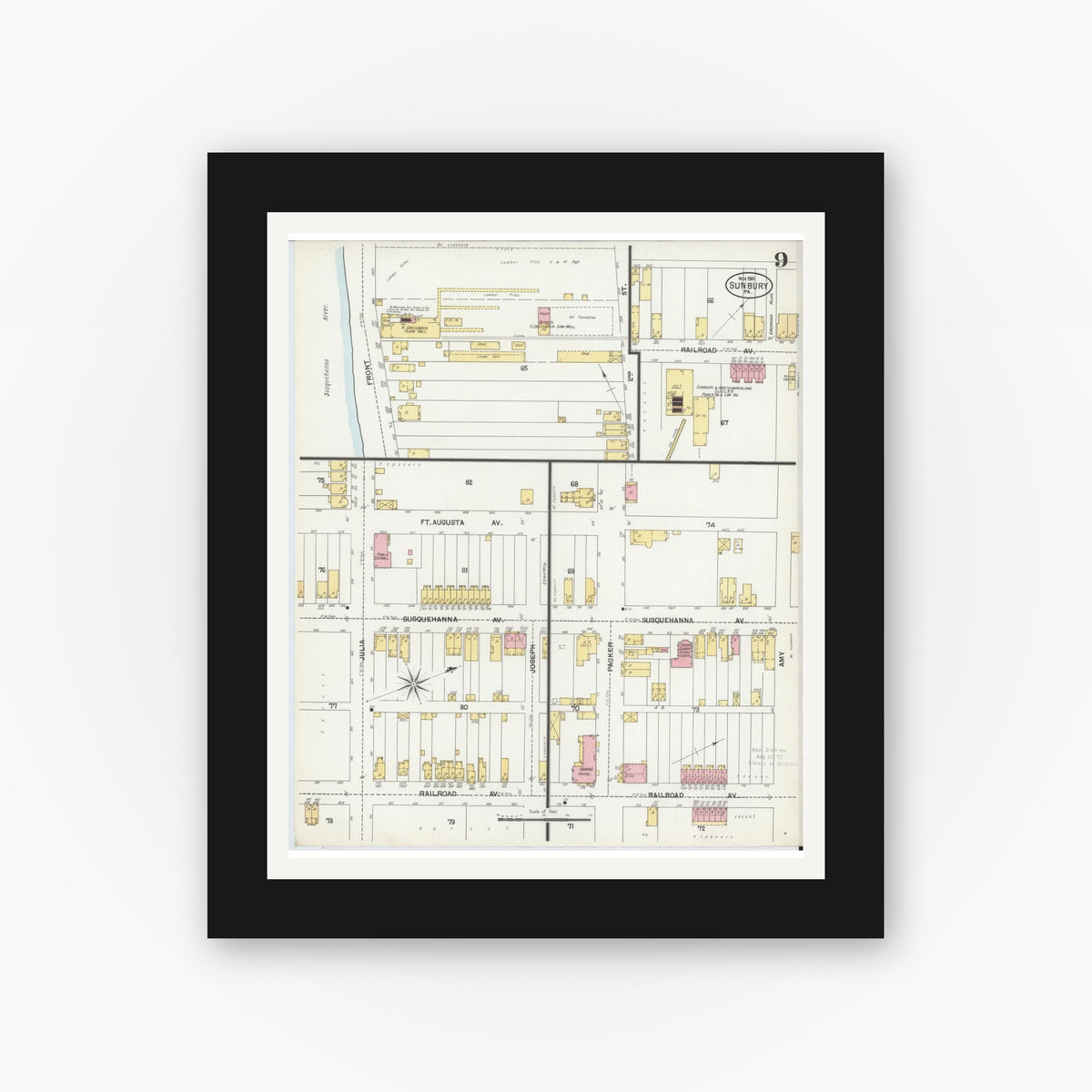 Old map wall art mockup — black gallery frame with white mat — Sanborn Fire Insurance Map from Sunbury, Northumberland County, Pennsylvania (1901), Sheet #0009