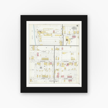 Old map wall art mockup — black gallery frame with white mat — Sanborn Fire Insurance Map from Sunbury, Northumberland County, Pennsylvania (1901), Sheet #0009