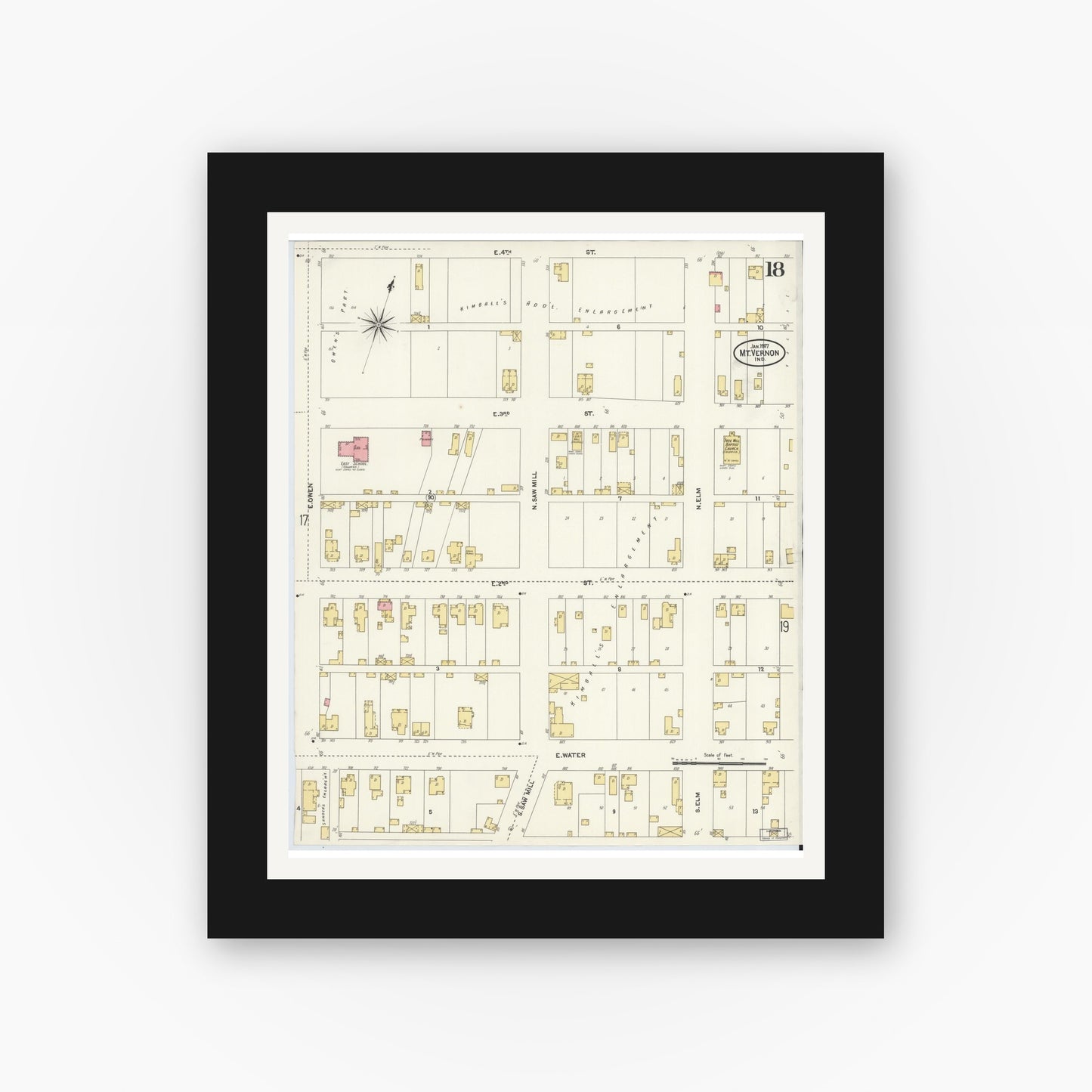 Old map wall art mockup — black gallery frame with white mat — Sanborn Fire Insurance Map from Mount Vernon, Posey County, Indiana (1907), Sheet #0018