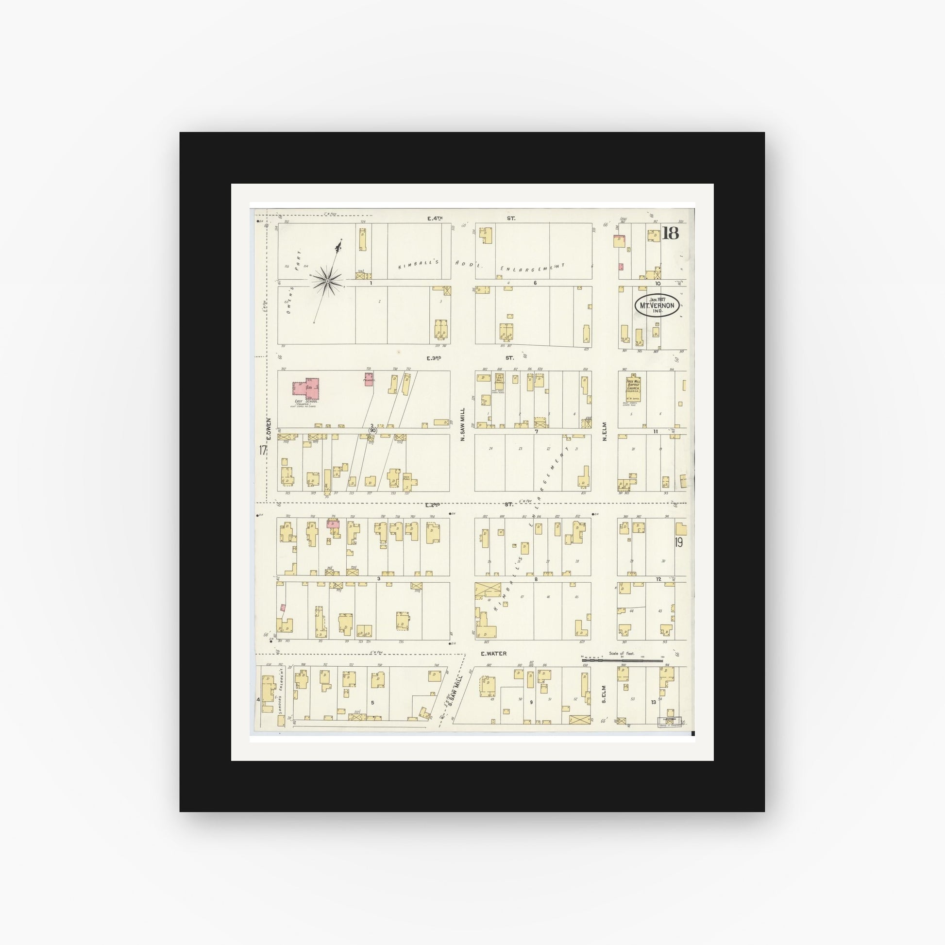 Old map wall art mockup — black gallery frame with white mat — Sanborn Fire Insurance Map from Mount Vernon, Posey County, Indiana (1907), Sheet #0018