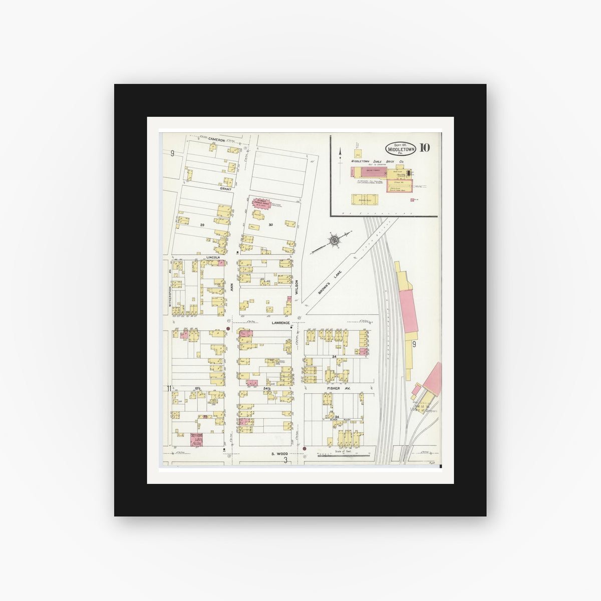 Old map wall art mockup — black gallery frame with white mat — Sanborn Fire Insurance Map from Middletown, Dauphin County, Pennsylvania (1911), Sheet #0010