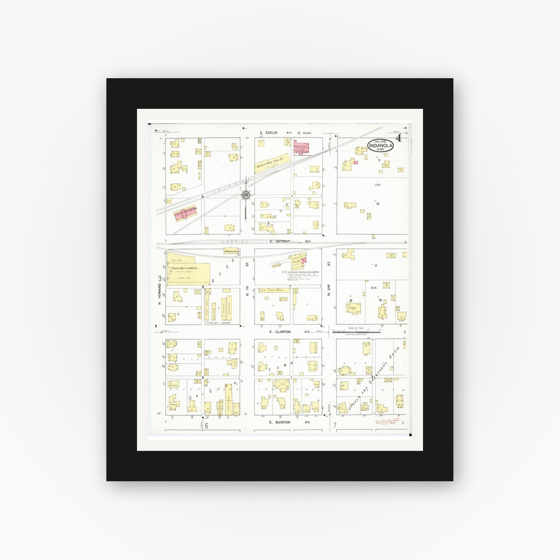 Old map wall art mockup — black gallery frame with white mat — Sanborn Fire Insurance Map from Indianola, Warren County, Iowa (1918), Sheet #0004