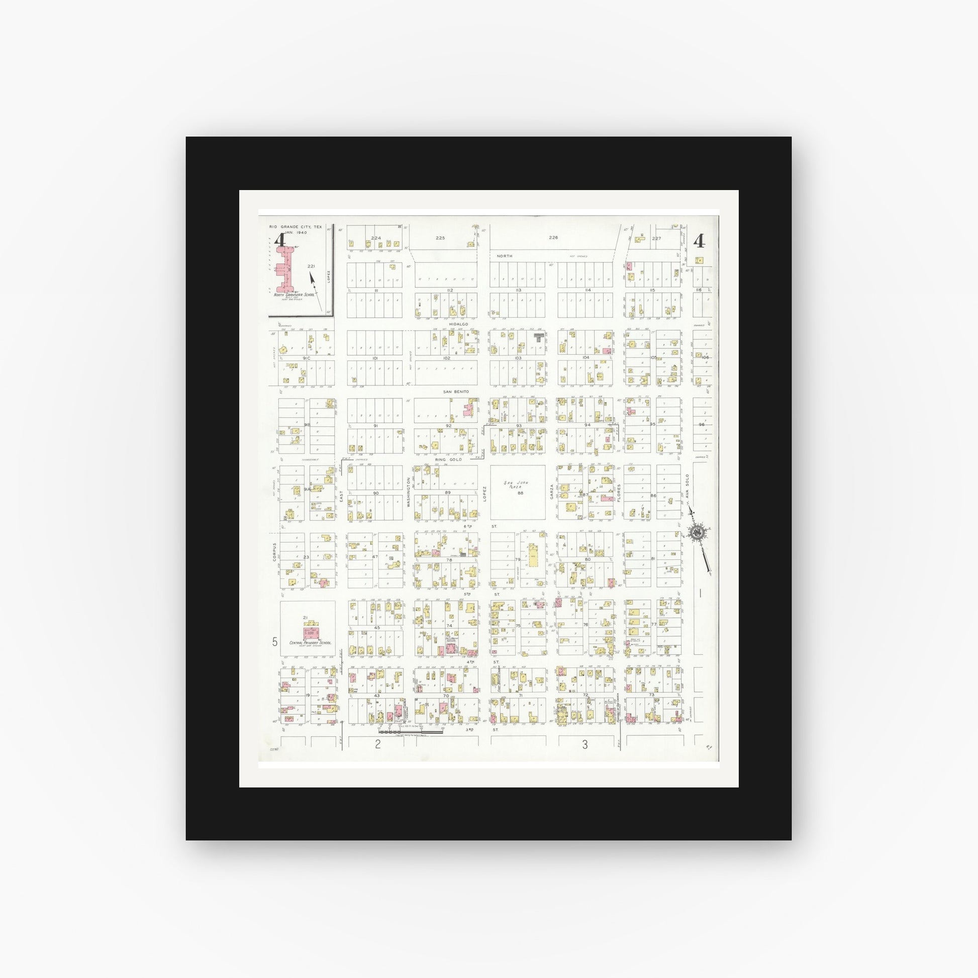 Old map wall art mockup — black gallery frame with white mat — Sanborn Fire Insurance Map from Rio Grande City, Starr County, Texas (1940), Sheet #0004