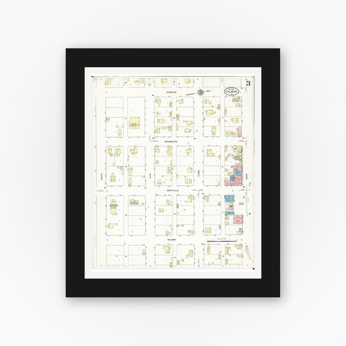 Old map wall art mockup — black gallery frame with white mat — Sanborn Fire Insurance Map from Calmar, Winneshiek County, Iowa (1914), Sheet #0003