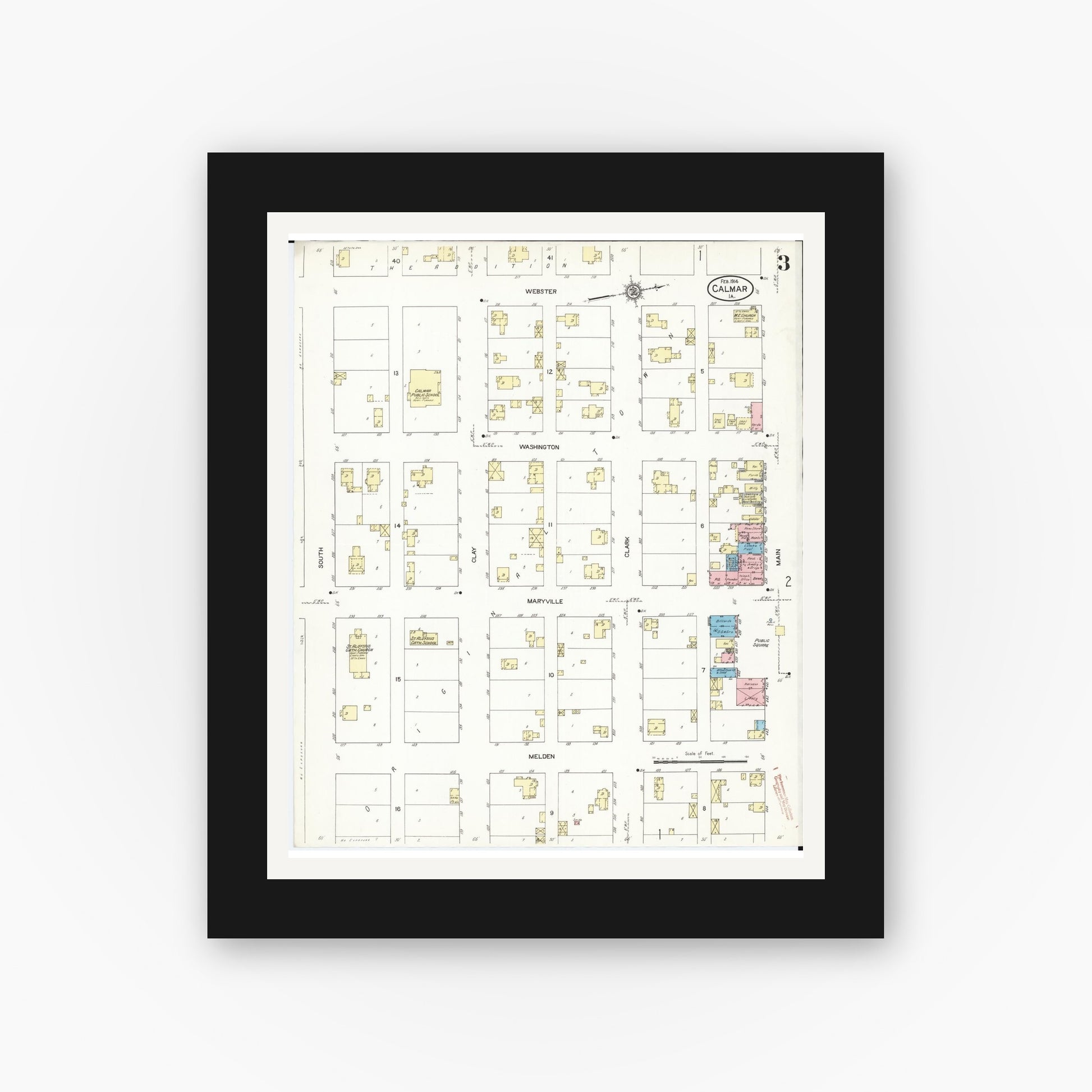 Old map wall art mockup — black gallery frame with white mat — Sanborn Fire Insurance Map from Calmar, Winneshiek County, Iowa (1914), Sheet #0003