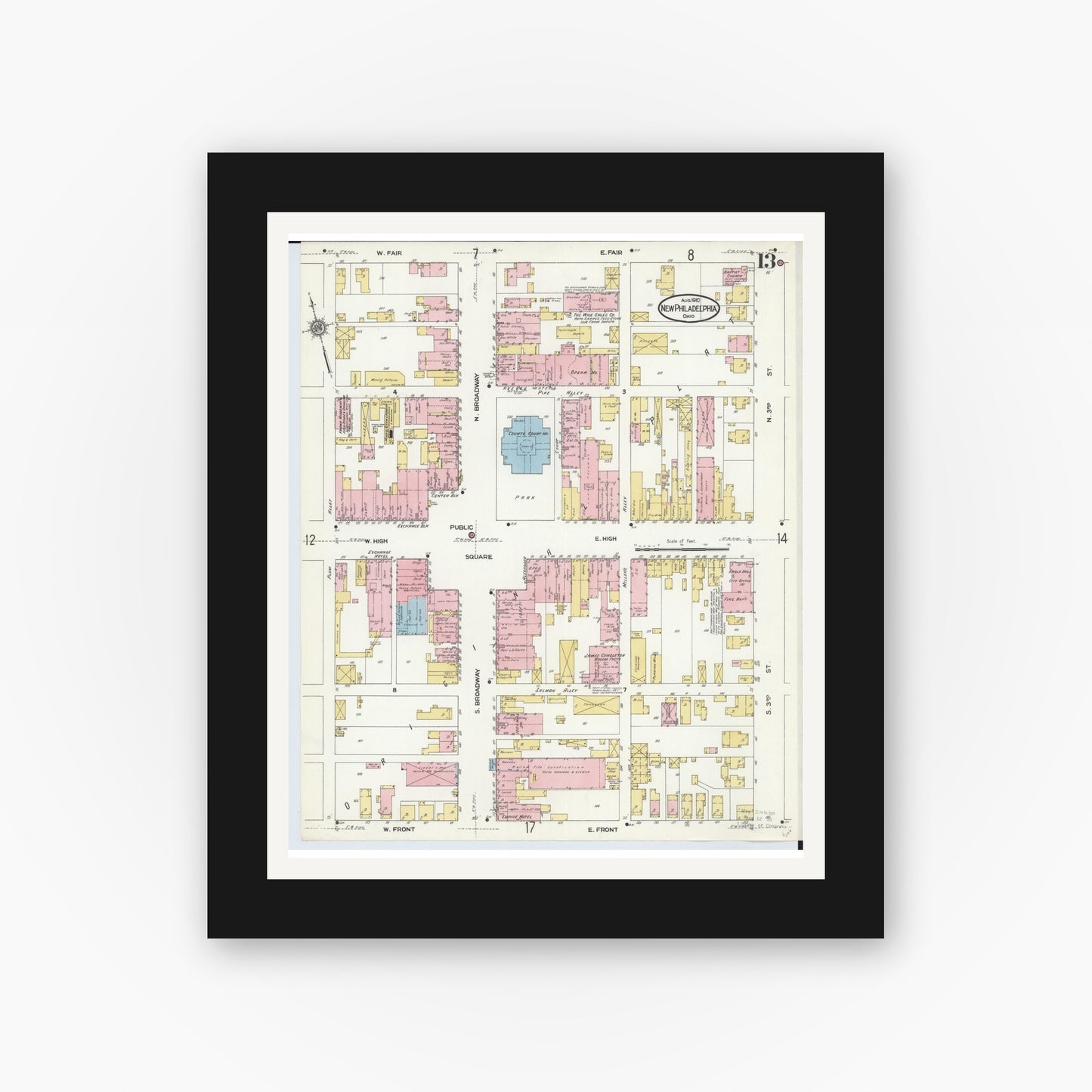 Old map wall art mockup — black gallery frame with white mat — Sanborn Fire Insurance Map from New Philadelphia, Tuscarawas County, Ohio (1910), Sheet #0013