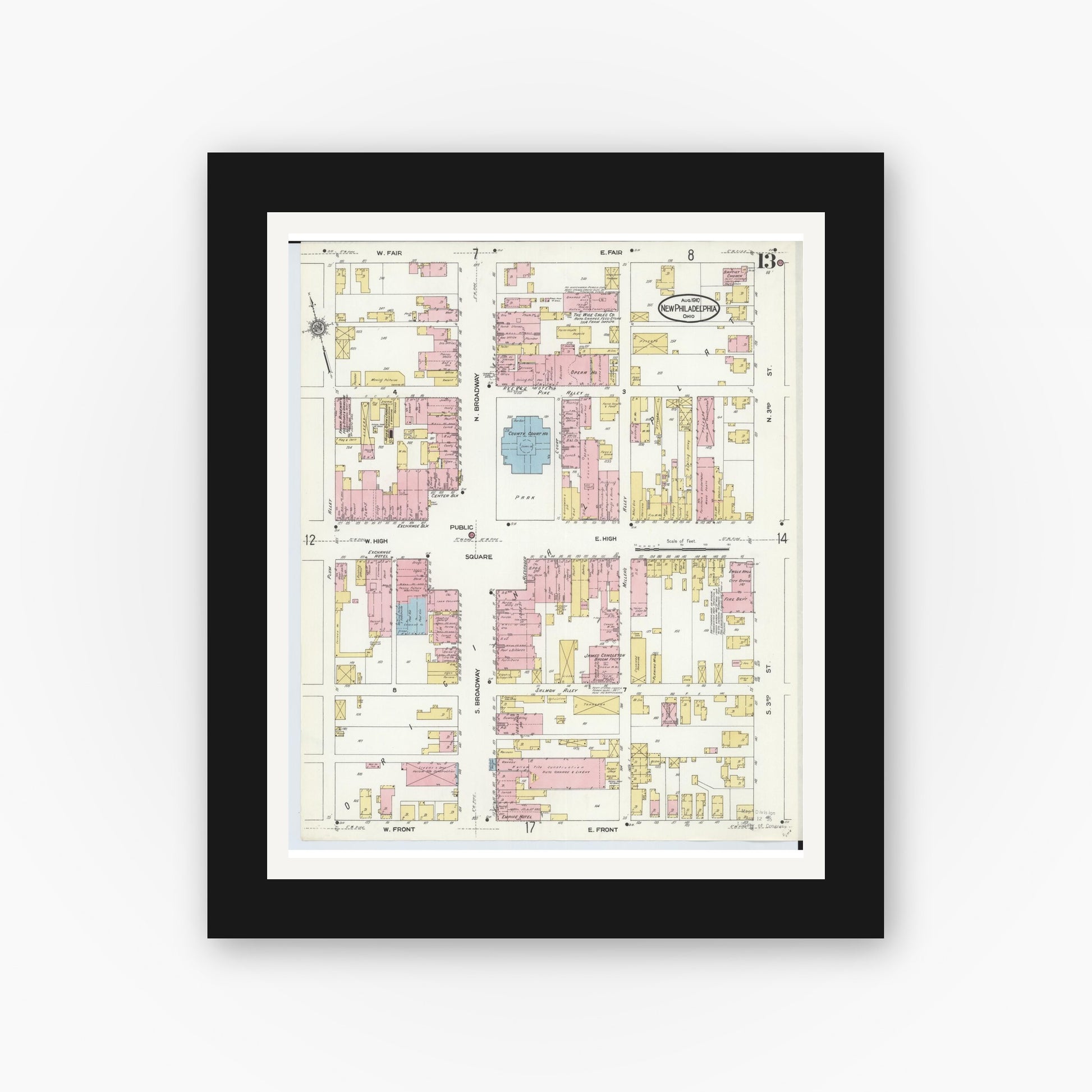 Old map wall art mockup — black gallery frame with white mat — Sanborn Fire Insurance Map from New Philadelphia, Tuscarawas County, Ohio (1910), Sheet #0013