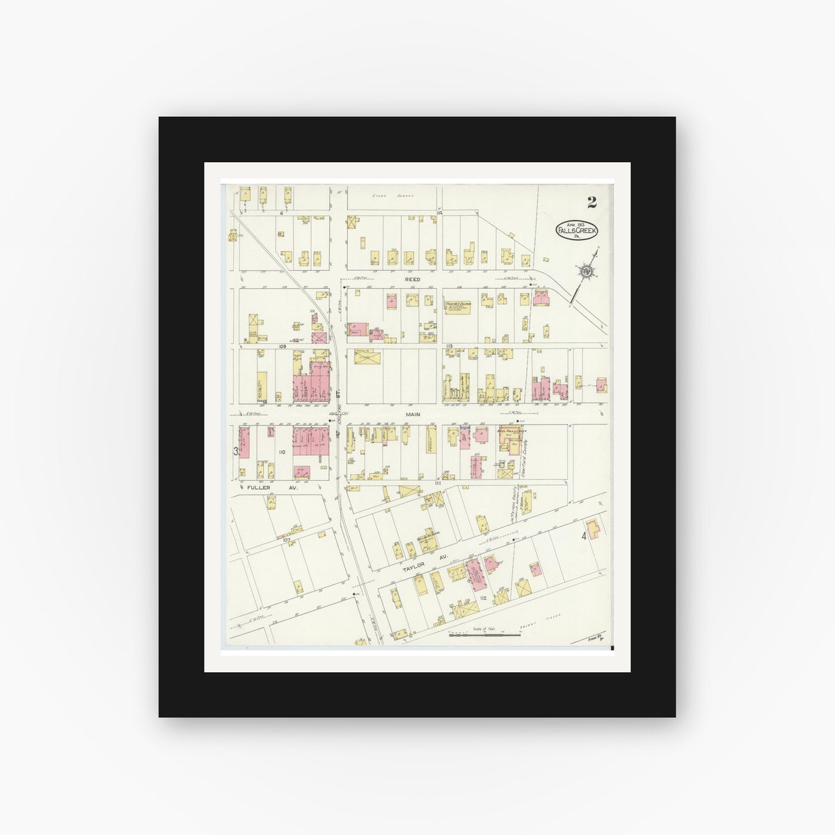 Old map wall art mockup — black gallery frame with white mat — Sanborn Fire Insurance Map from Falls Creek, Jefferson And Clearfield Counties, Pennsylvania (1913), Sheet #0002