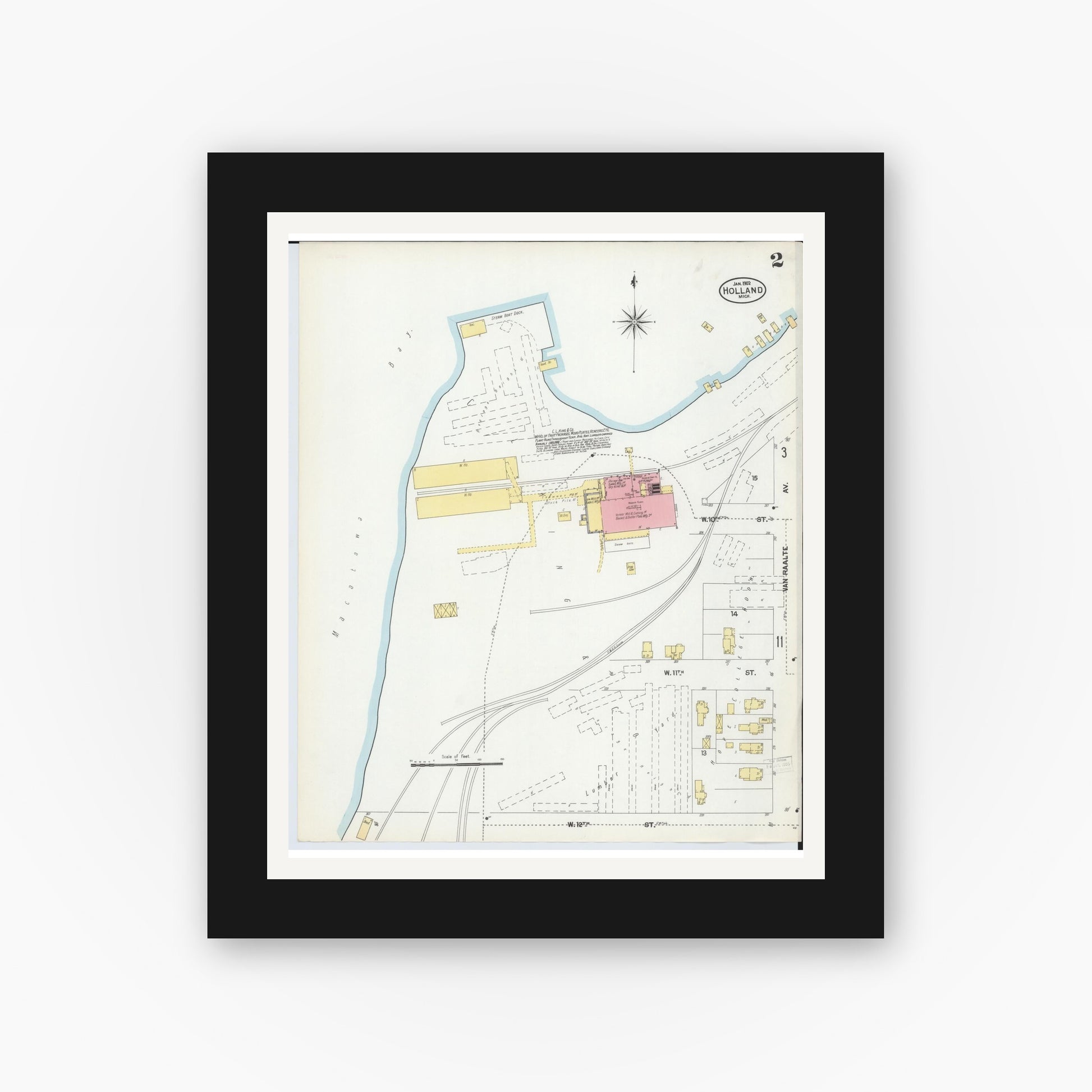 Old map wall art mockup — black gallery frame with white mat — Sanborn Fire Insurance Map from Holland, Ottawa County, Michigan (1902), Sheet #0002