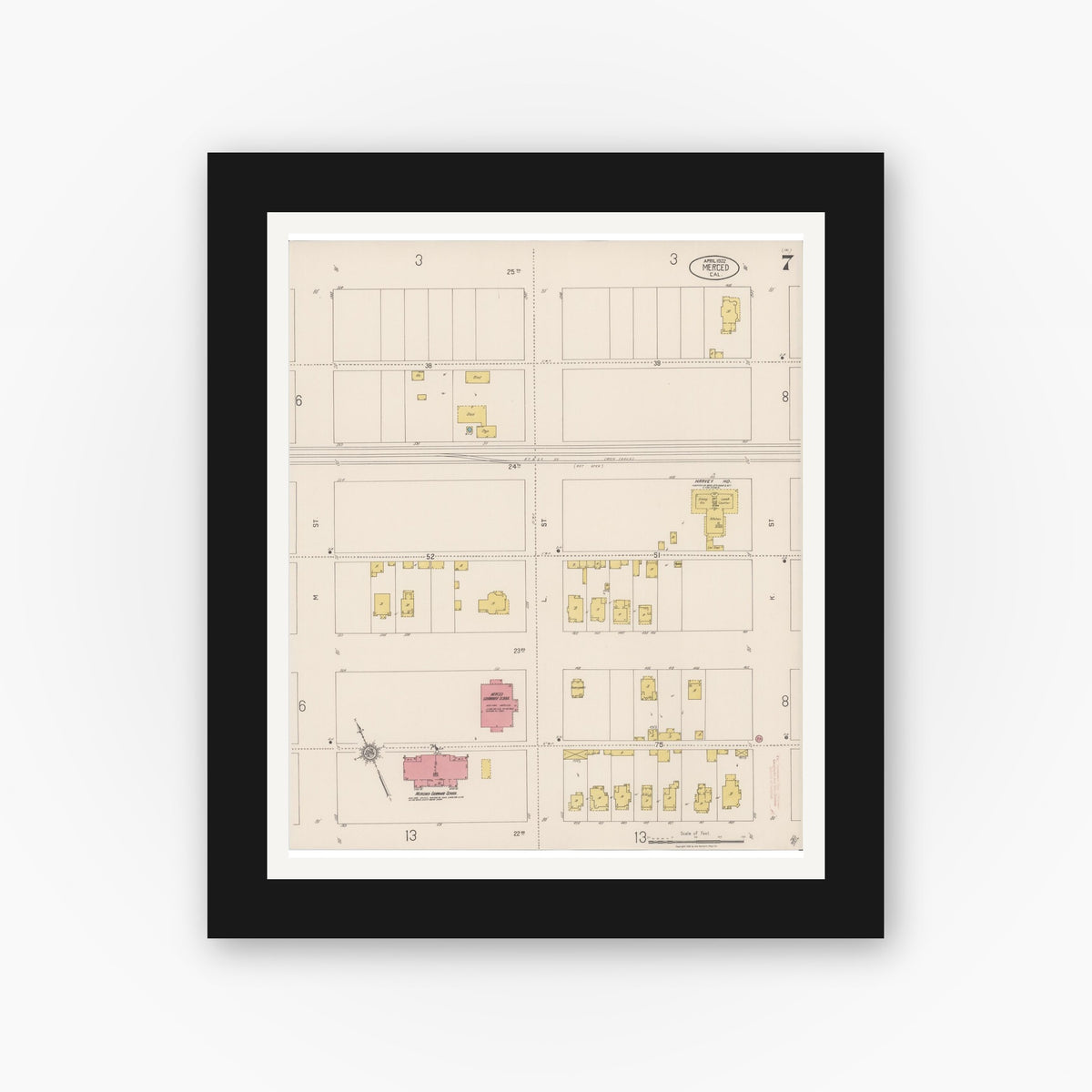 Old map wall art mockup — black gallery frame with white mat — Sanborn Fire Insurance Map from Merced, Merced County, California (1922), Sheet #0007