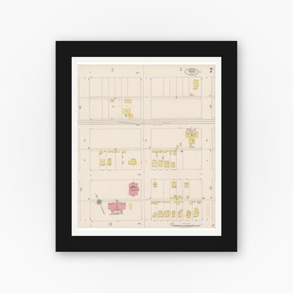 Old map wall art mockup — black gallery frame with white mat — Sanborn Fire Insurance Map from Merced, Merced County, California (1922), Sheet #0007
