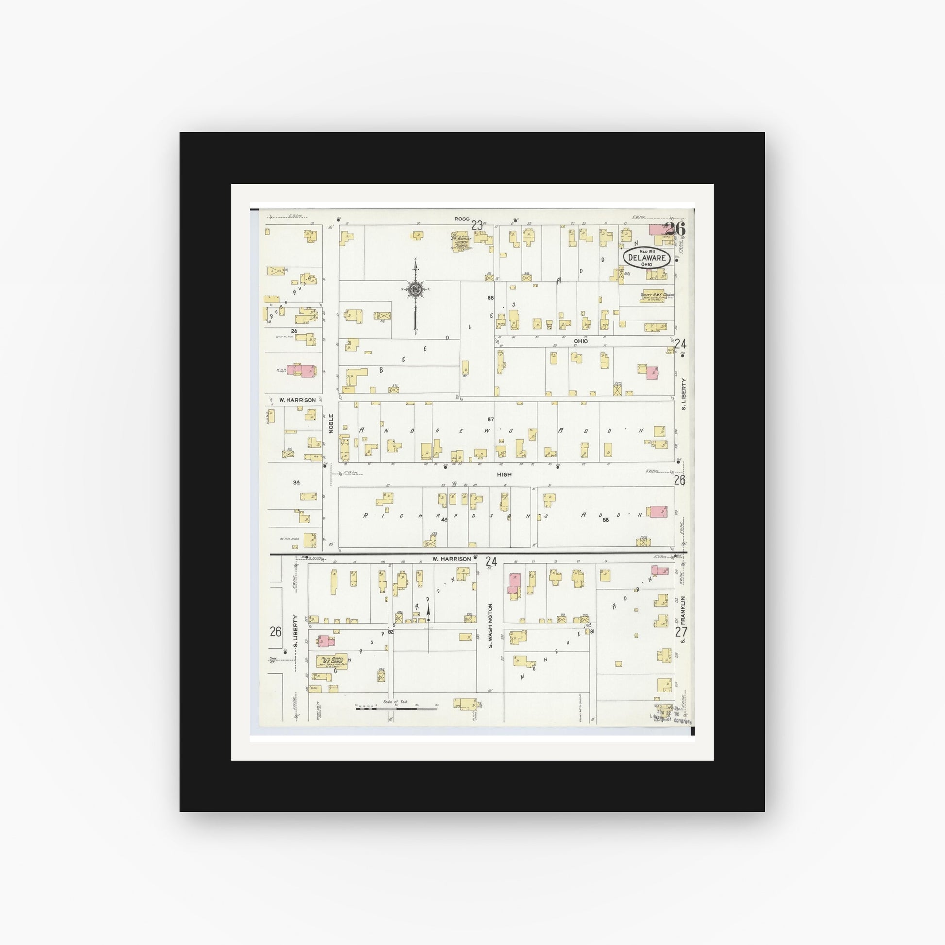 Old map wall art mockup — black gallery frame with white mat — Sanborn Fire Insurance Map from Delaware, Delaware County, Ohio (1911), Sheet #0026
