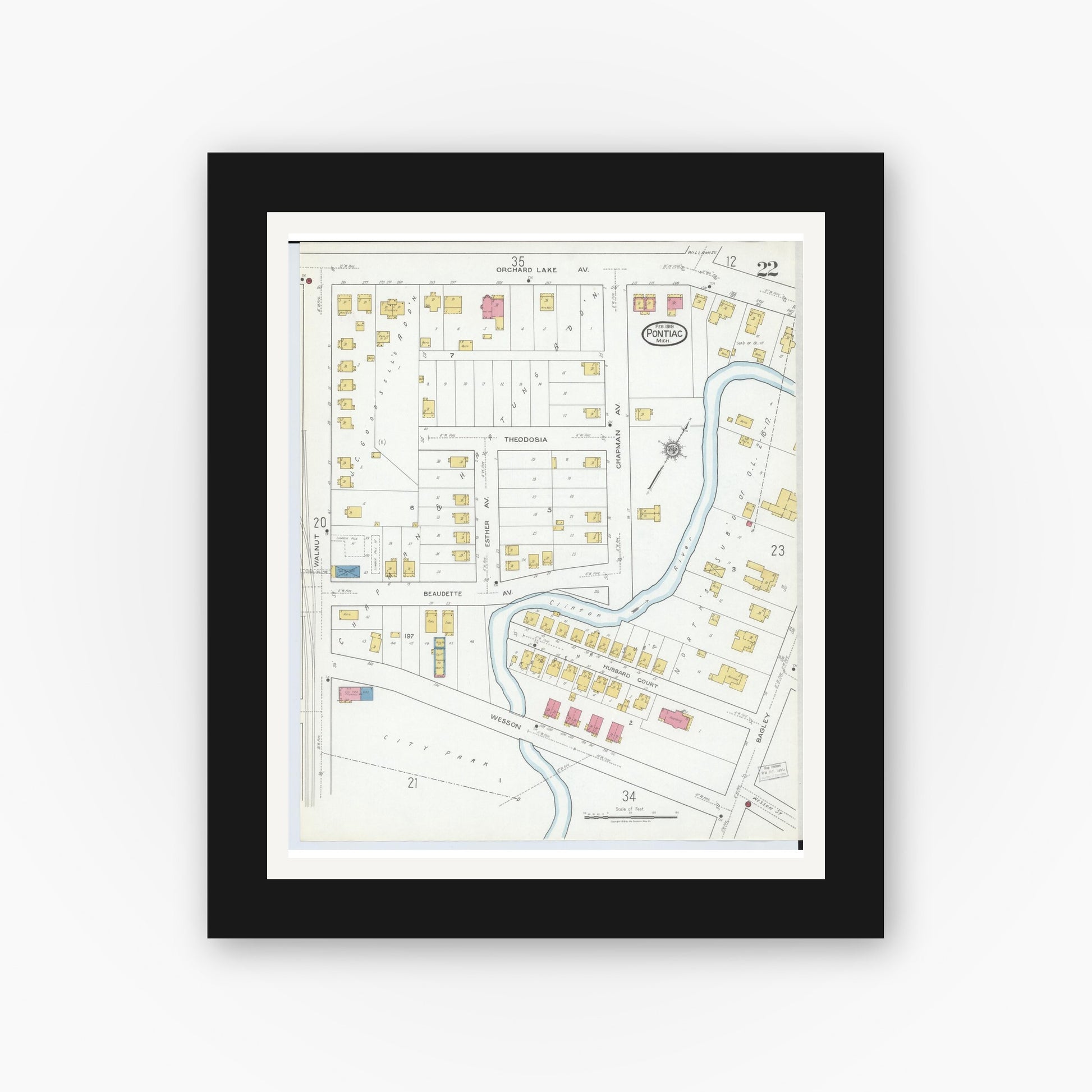 Old map wall art mockup — black gallery frame with white mat — Sanborn Fire Insurance Map from Pontiac, Oakland County, Michigan (1919), Sheet #0022