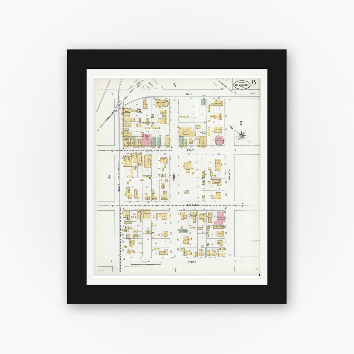 Old map wall art mockup — black gallery frame with white mat — Sanborn Fire Insurance Map from Beaumont, Jefferson County, Texas (1899), Sheet #0006
